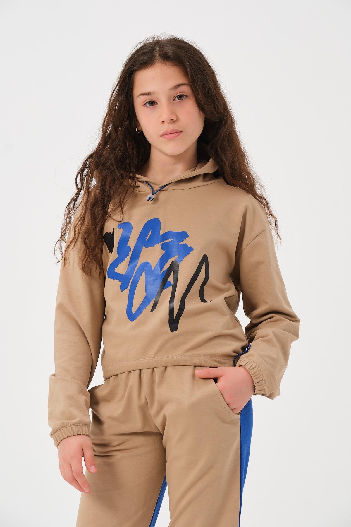 Unisex Çocuk Baskılı Kapüşonlu Sweatshirt - Bej