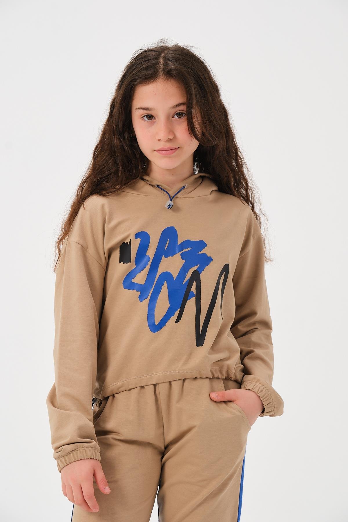 Unisex Çocuk Baskılı Kapüşonlu Sweatshirt - Bej