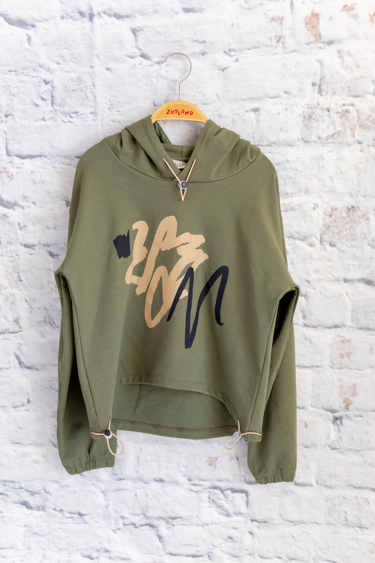 Unisex Çocuk Baskılı Kapüşonlu Sweatshirt - Haki