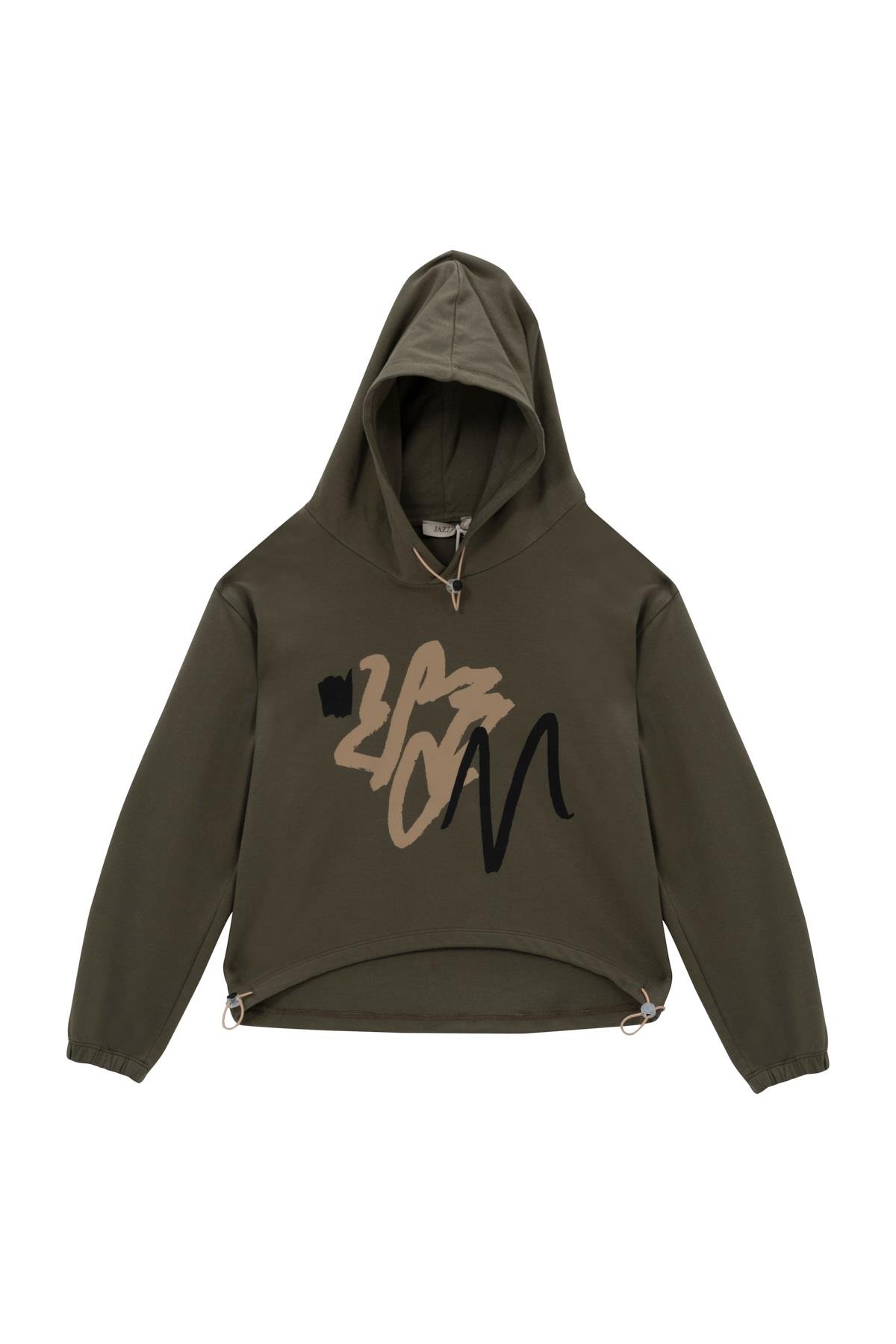 Unisex Çocuk Baskılı Kapüşonlu Sweatshirt - Haki