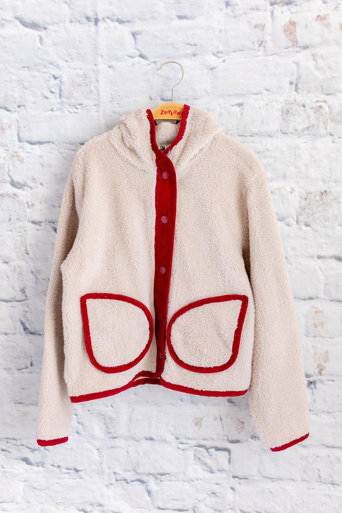 Unisex Çocuk Biye Detaylı Kapüşonlu Peluş Mont - Bordo