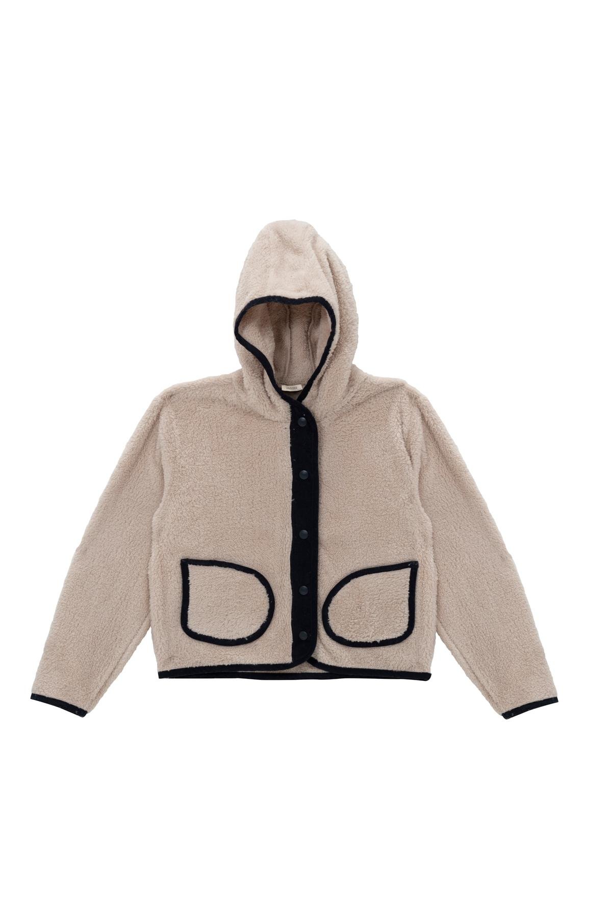 Unisex Çocuk Biye Detaylı Kapüşonlu Peluş Mont - Lacivert