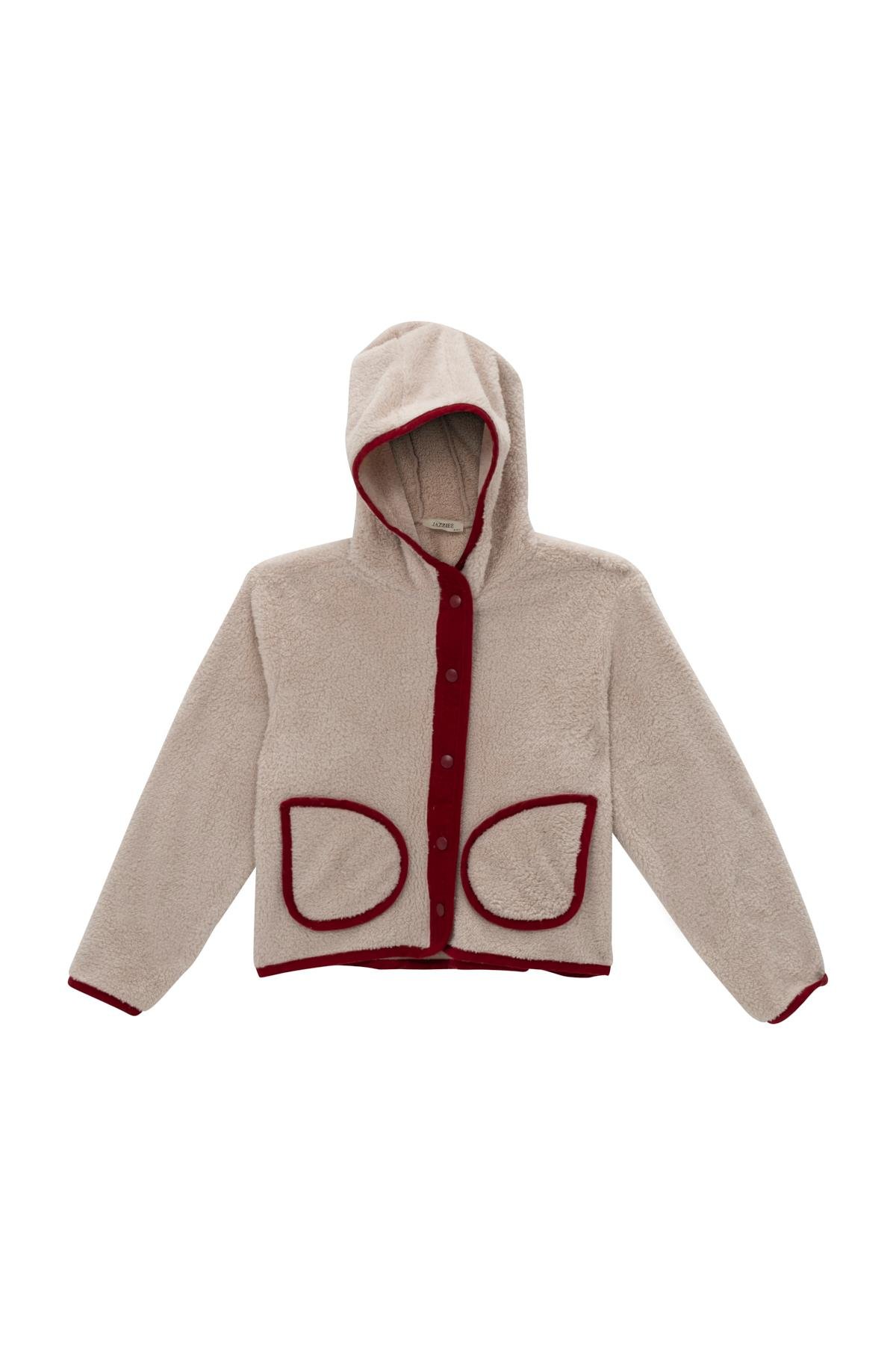 Unisex Çocuk Biye Detaylı Kapüşonlu Peluş Mont - Bordo