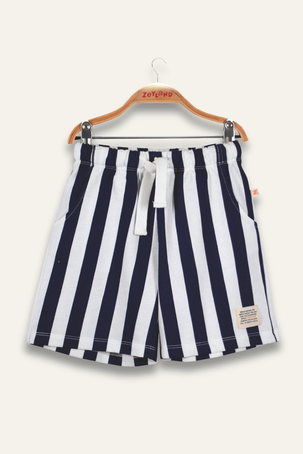 Unısex Çocuk Çizgili Şort - Lacivert Çizgili