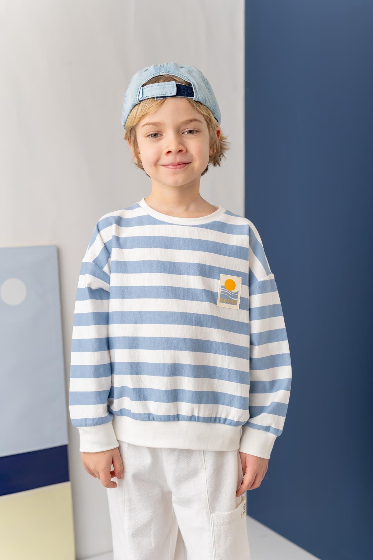 Unısex Çocuk Çizgili Sweat-Shirt - Mavi Çizgili