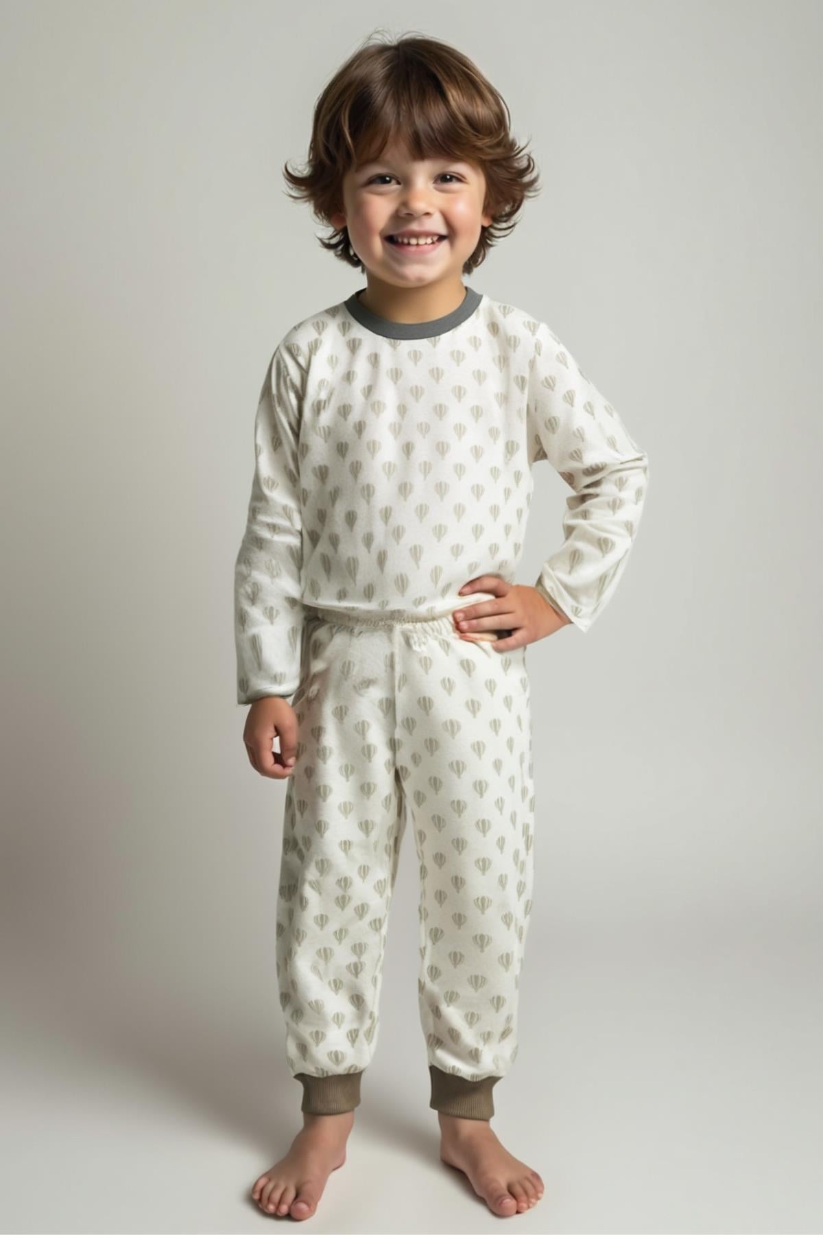 Unisex Çocuk Desenli Pijama Takımı - Bej