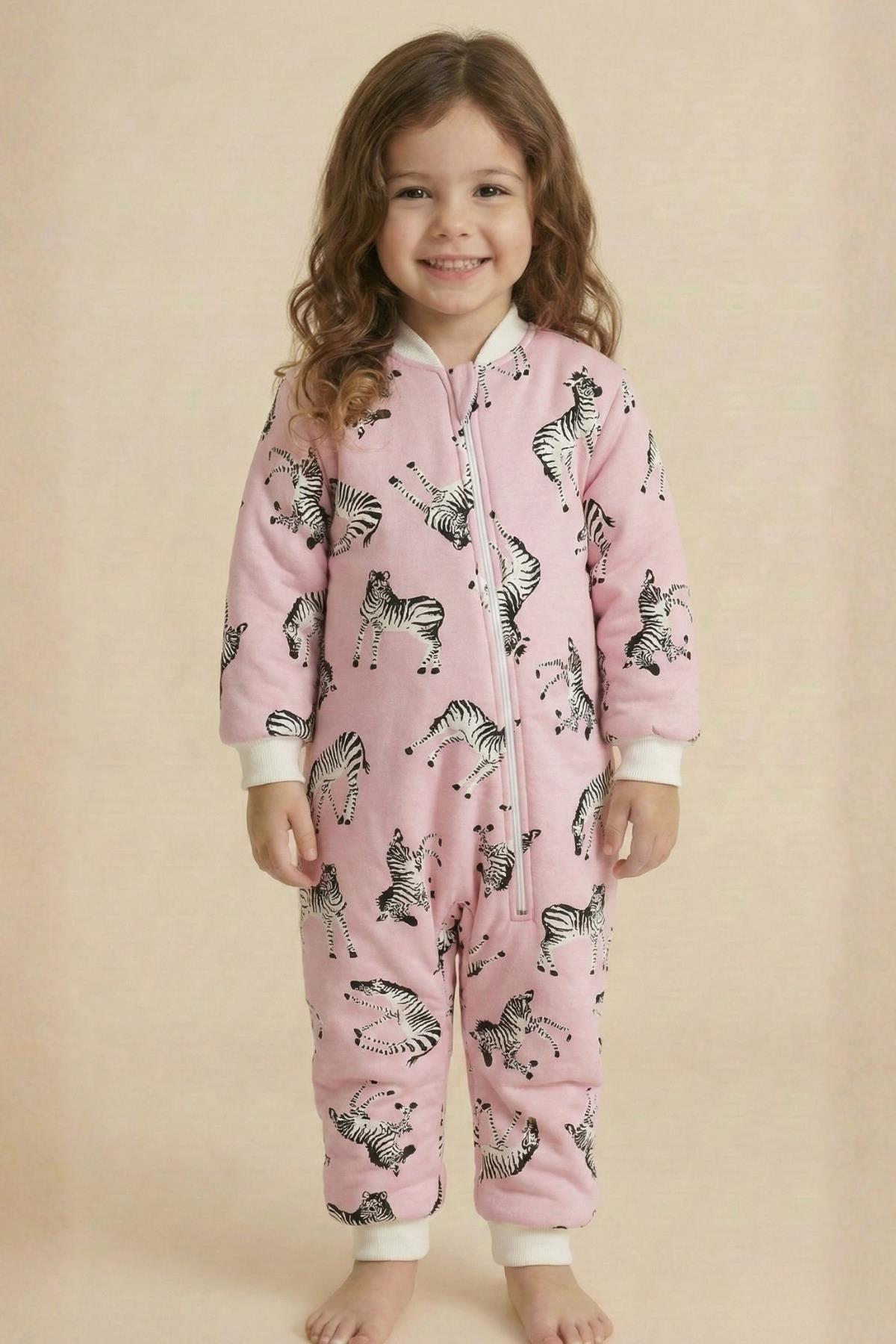 Unisex Çocuk Elyaf Dolgulu Uyku Tulumu  - PEMBE ZEBRA DESENLİ