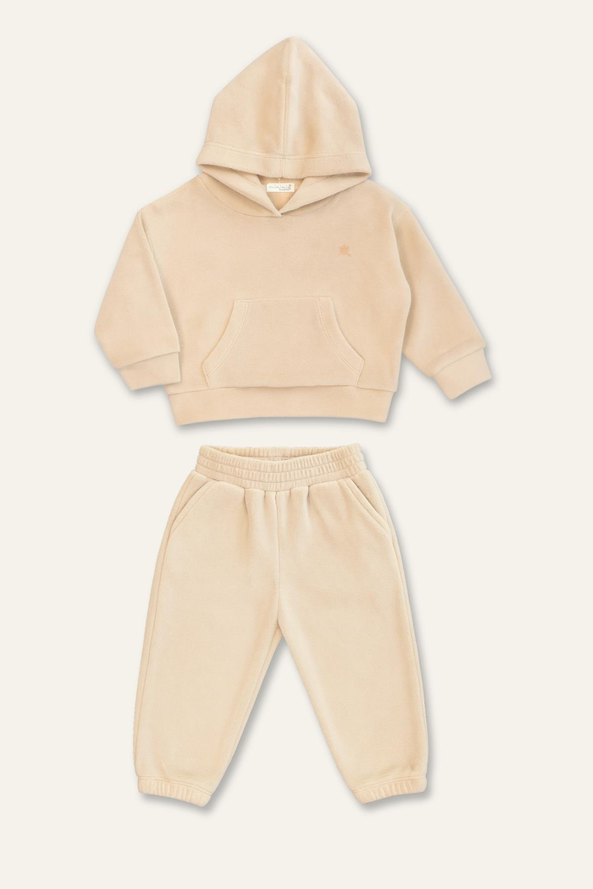 Unisex Çocuk Kapşonlu Kanguru Cepli Polar İkili Takım - Bej