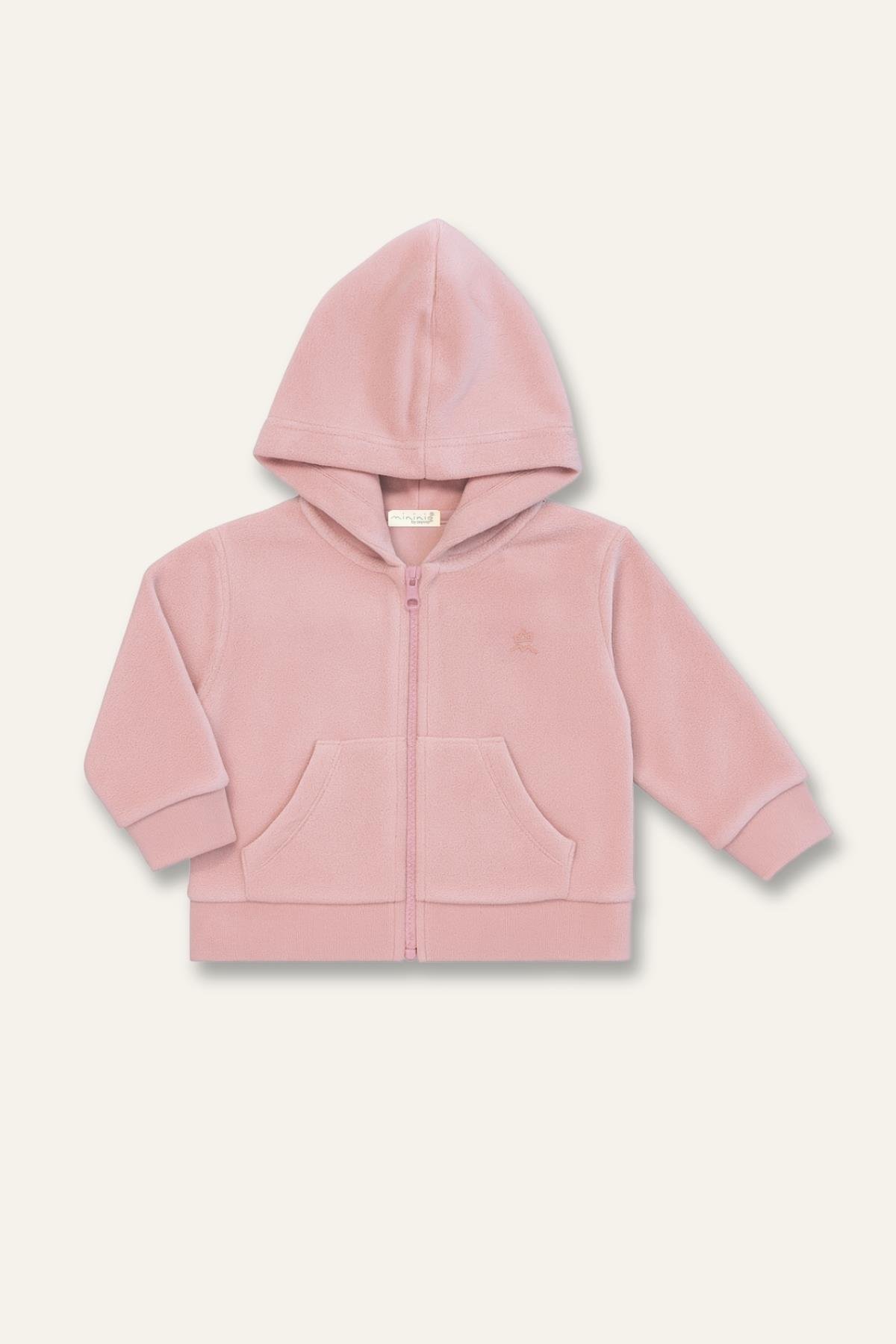 Unisex Çocuk Kapşonlu Kanguru Cepli Polar Ceket - Pembe