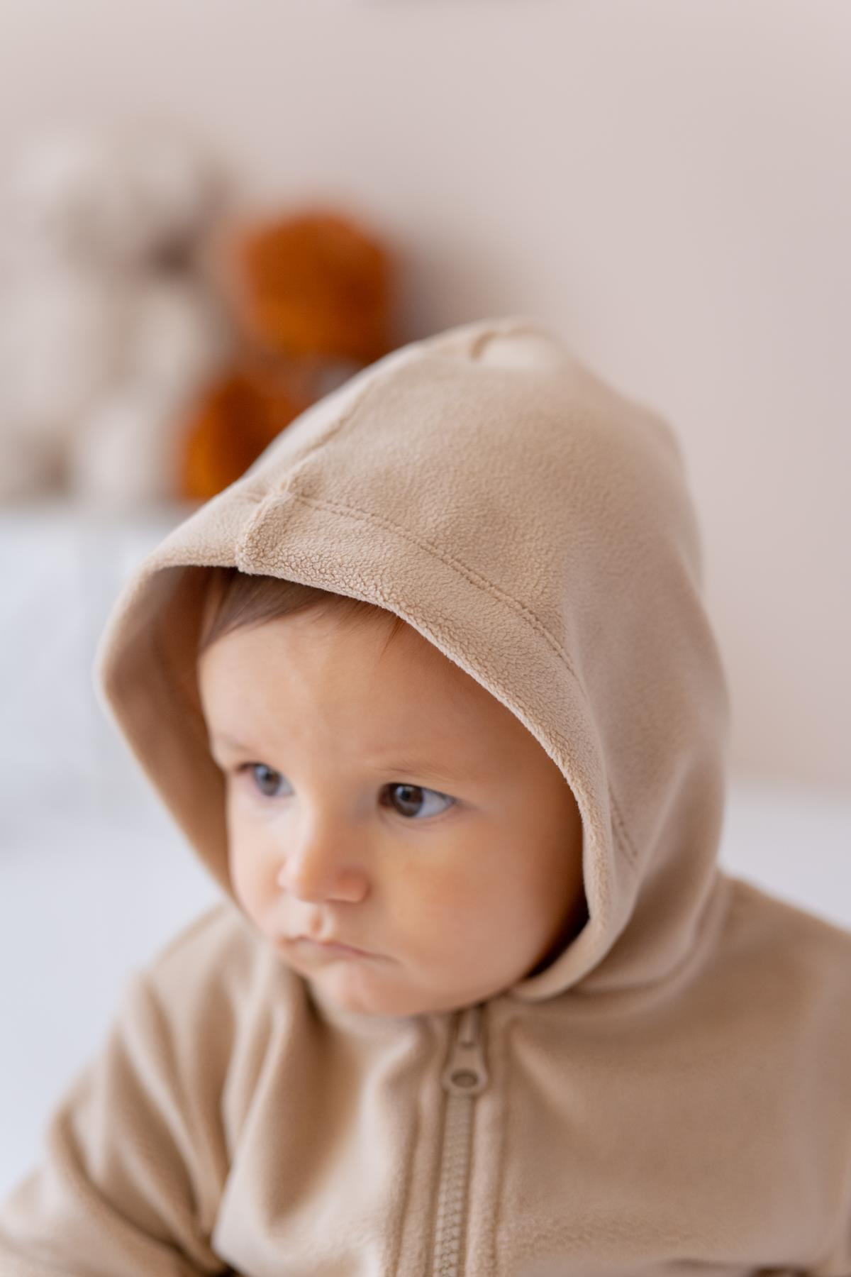 Unisex Çocuk Kapşonlu Kanguru Cepli Polar Ceket - Bej