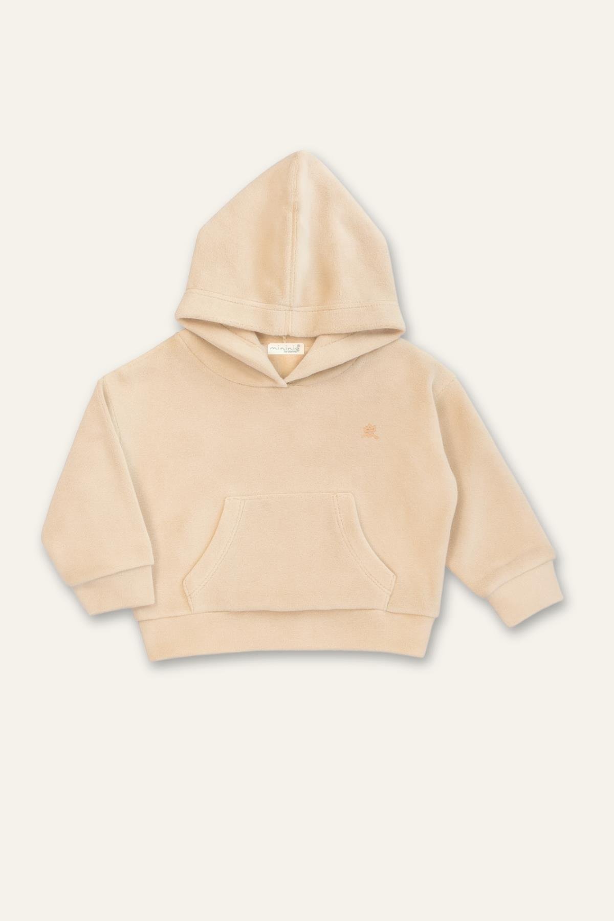 Unisex Çocuk Kapşonlu Kanguru Cepli Polar İkili Takım - Bej