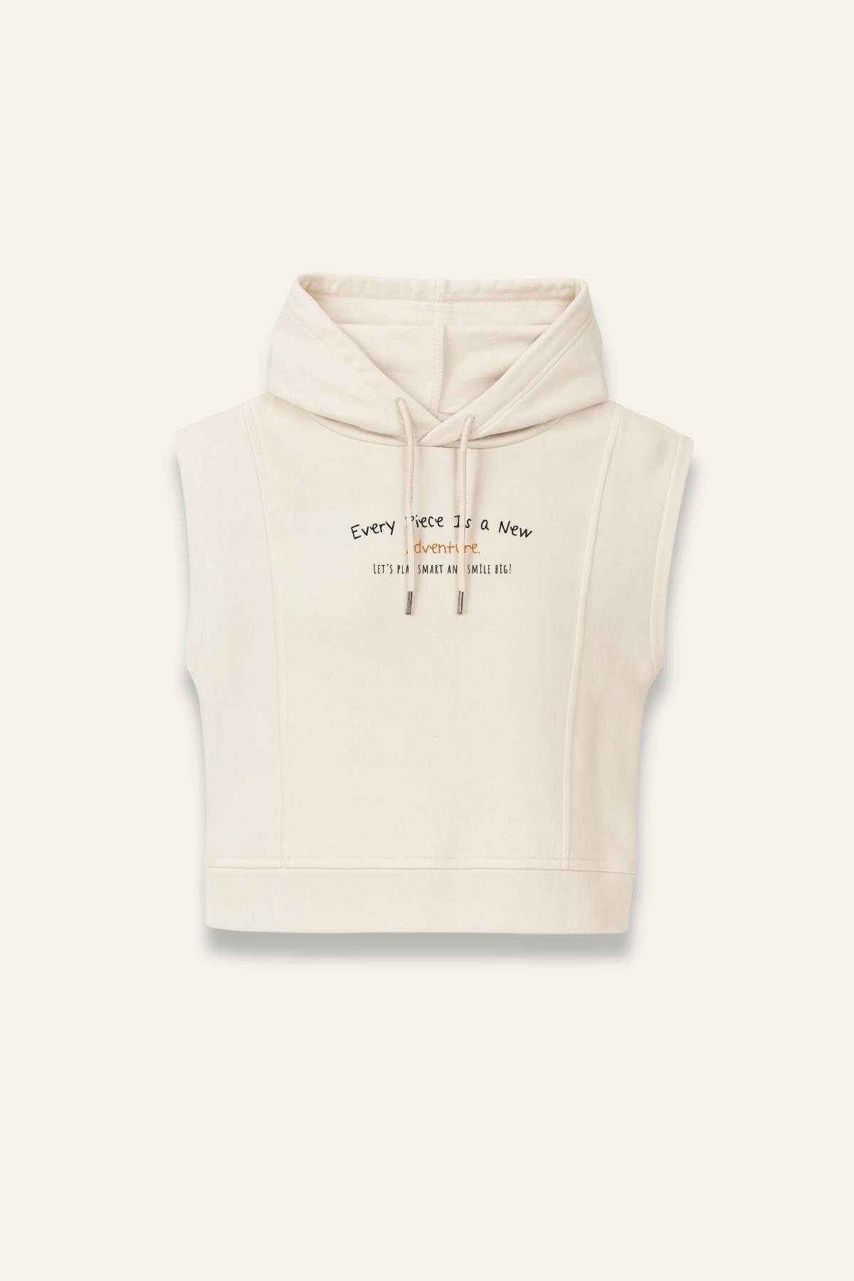 Unisex Çocuk Kapşonlu Kısa Kol Sweatshirt - Krem