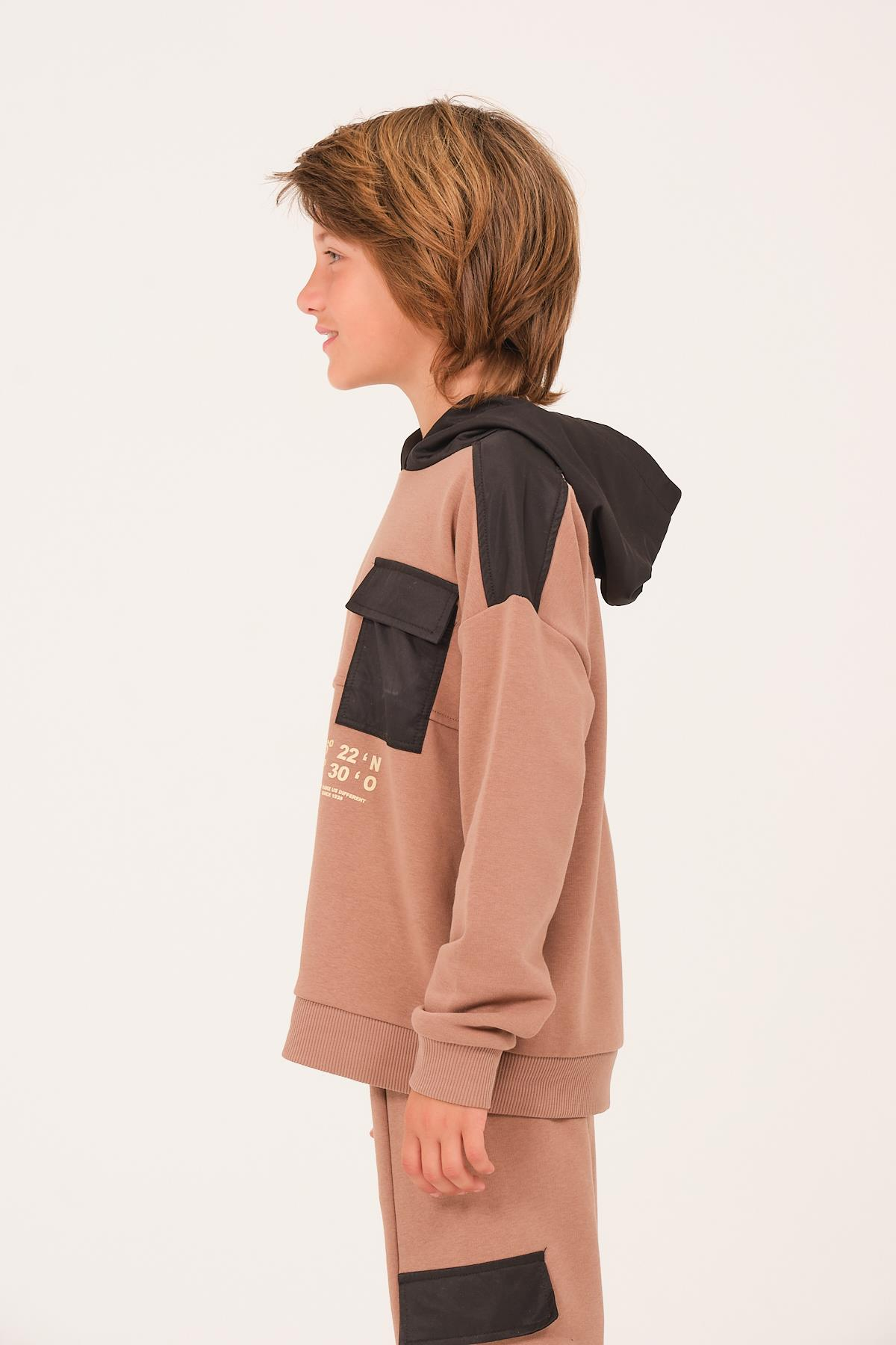 Unisex Çocuk Kapüşonlu Sweatshirt - Vizon