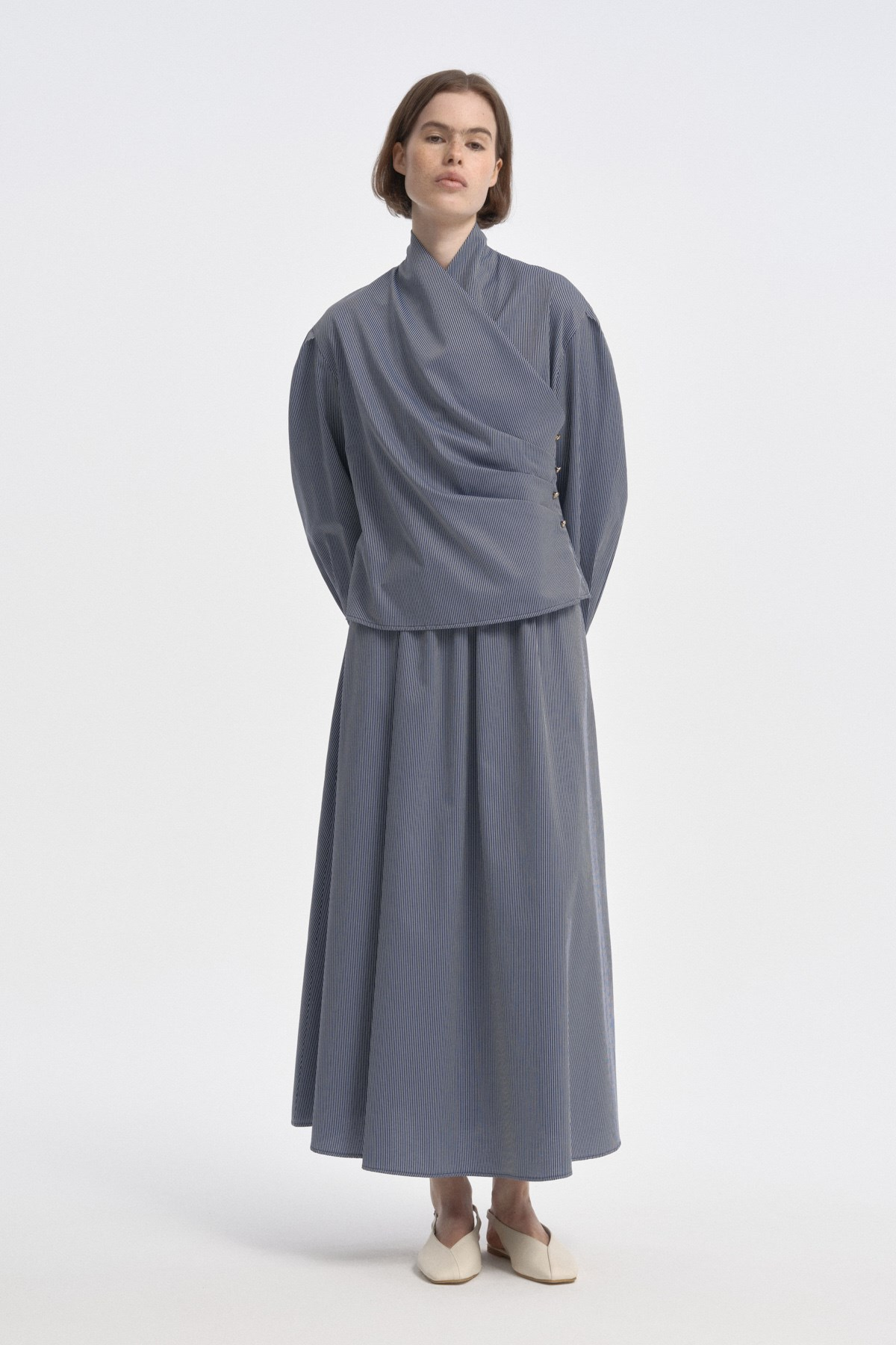 Marin Çizgili Drape Bluz{KATEGORİ}