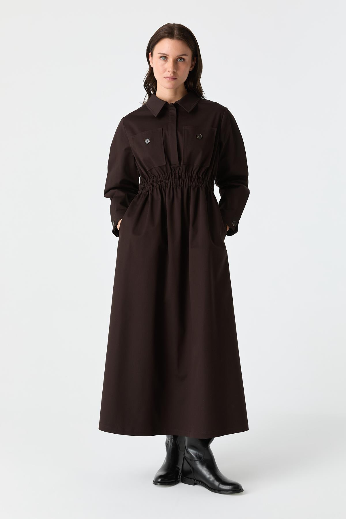 Cep Detaylı Elastik Belli Pamuk Elbise BİTTER{KATEGORİ}