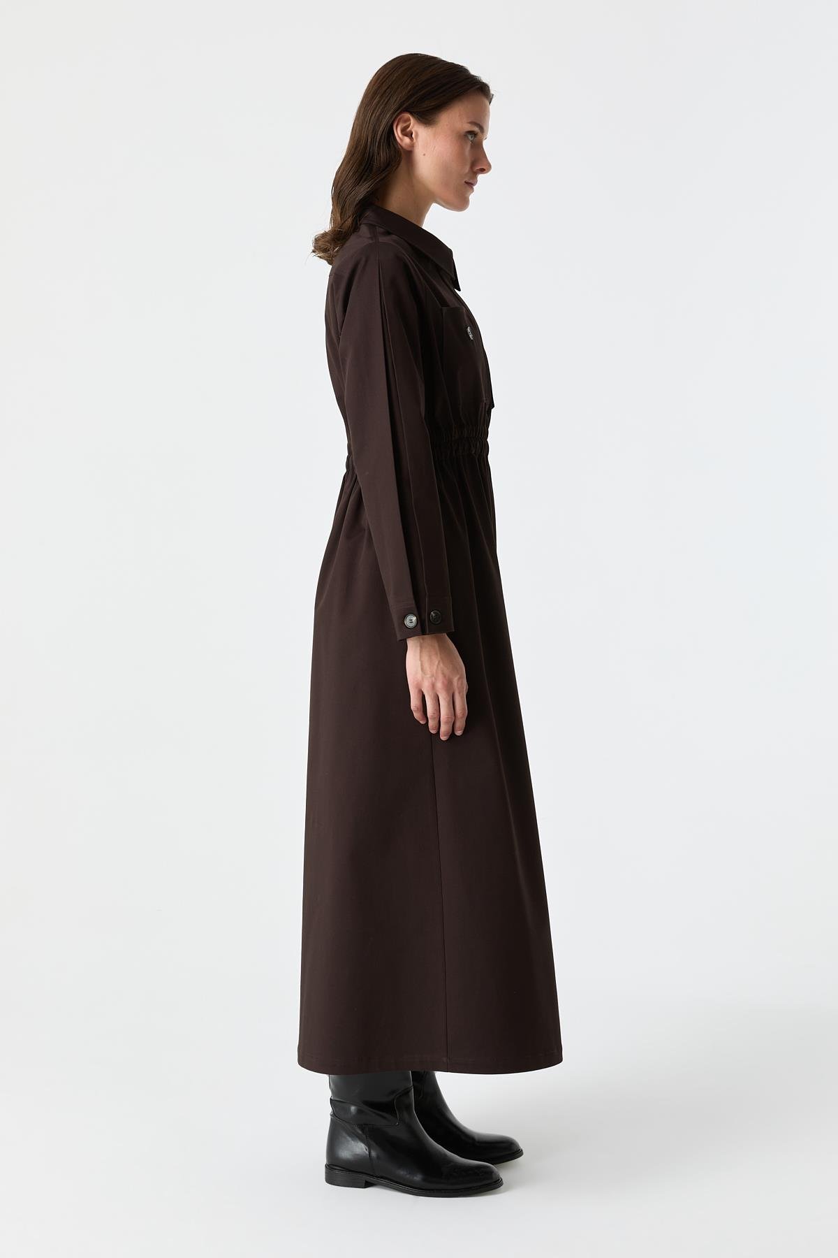 Cep Detaylı Elastik Belli Pamuk Elbise BİTTER{KATEGORİ}