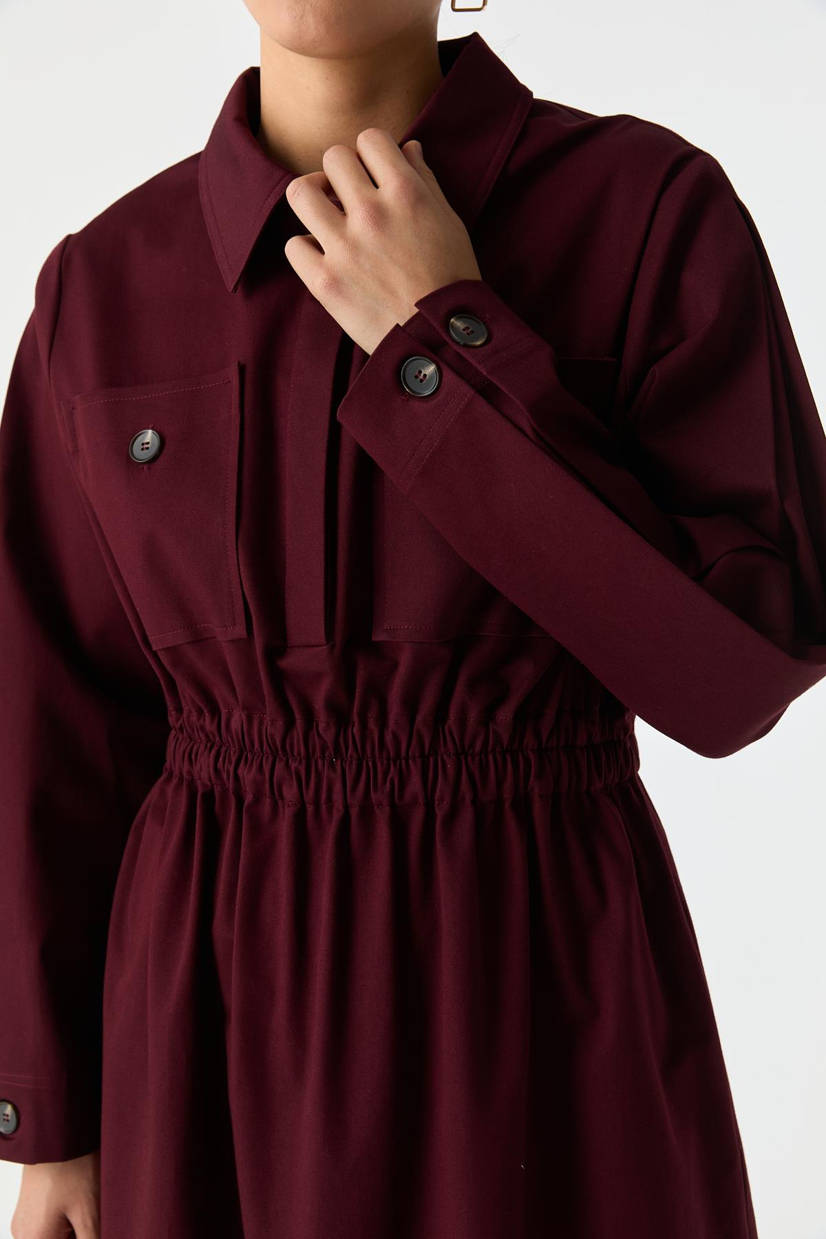 Cep Detaylı Elastik Belli Pamuk Elbise MÜRDÜM{KATEGORİ}