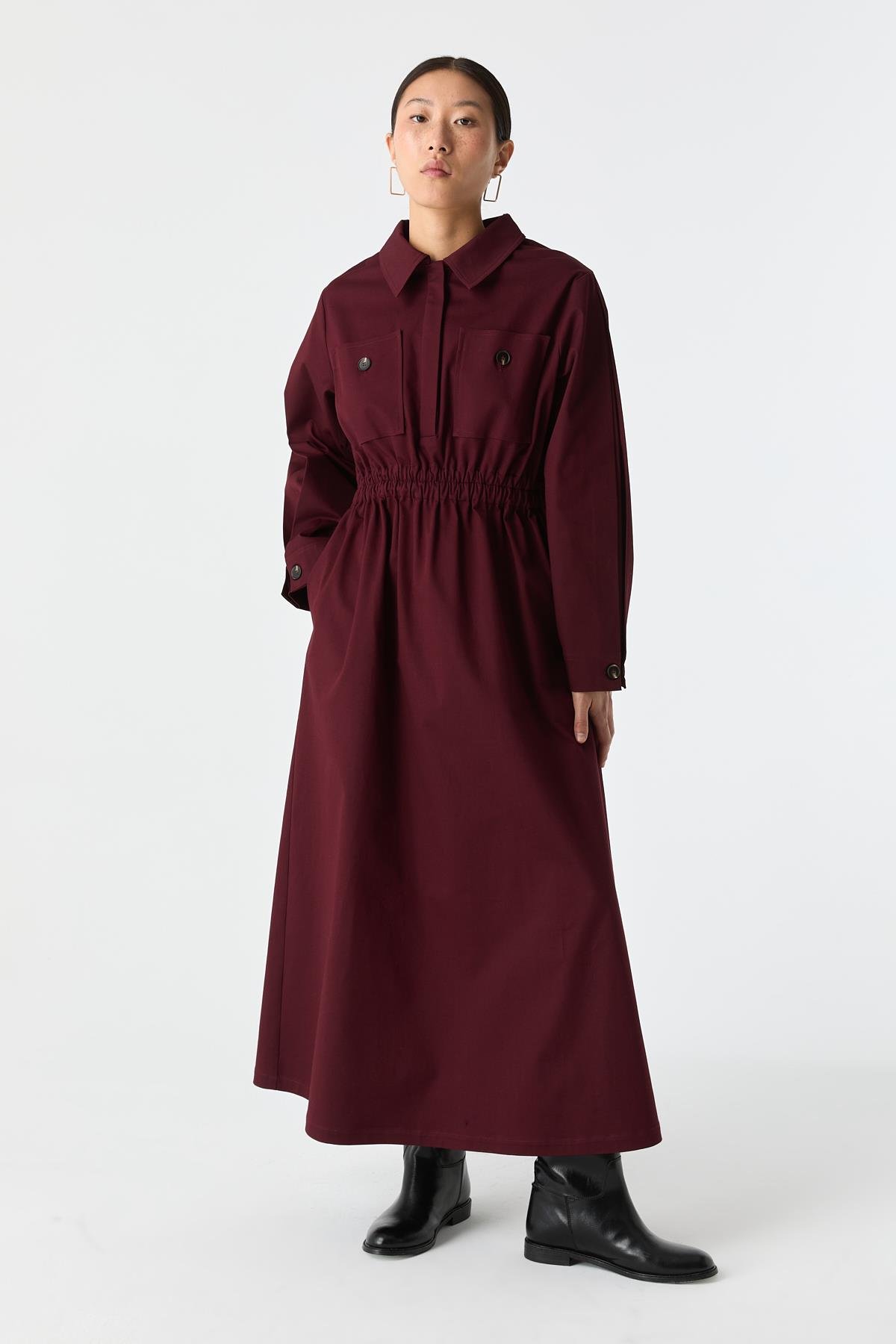 Cep Detaylı Elastik Belli Pamuk Elbise MÜRDÜM{KATEGORİ}