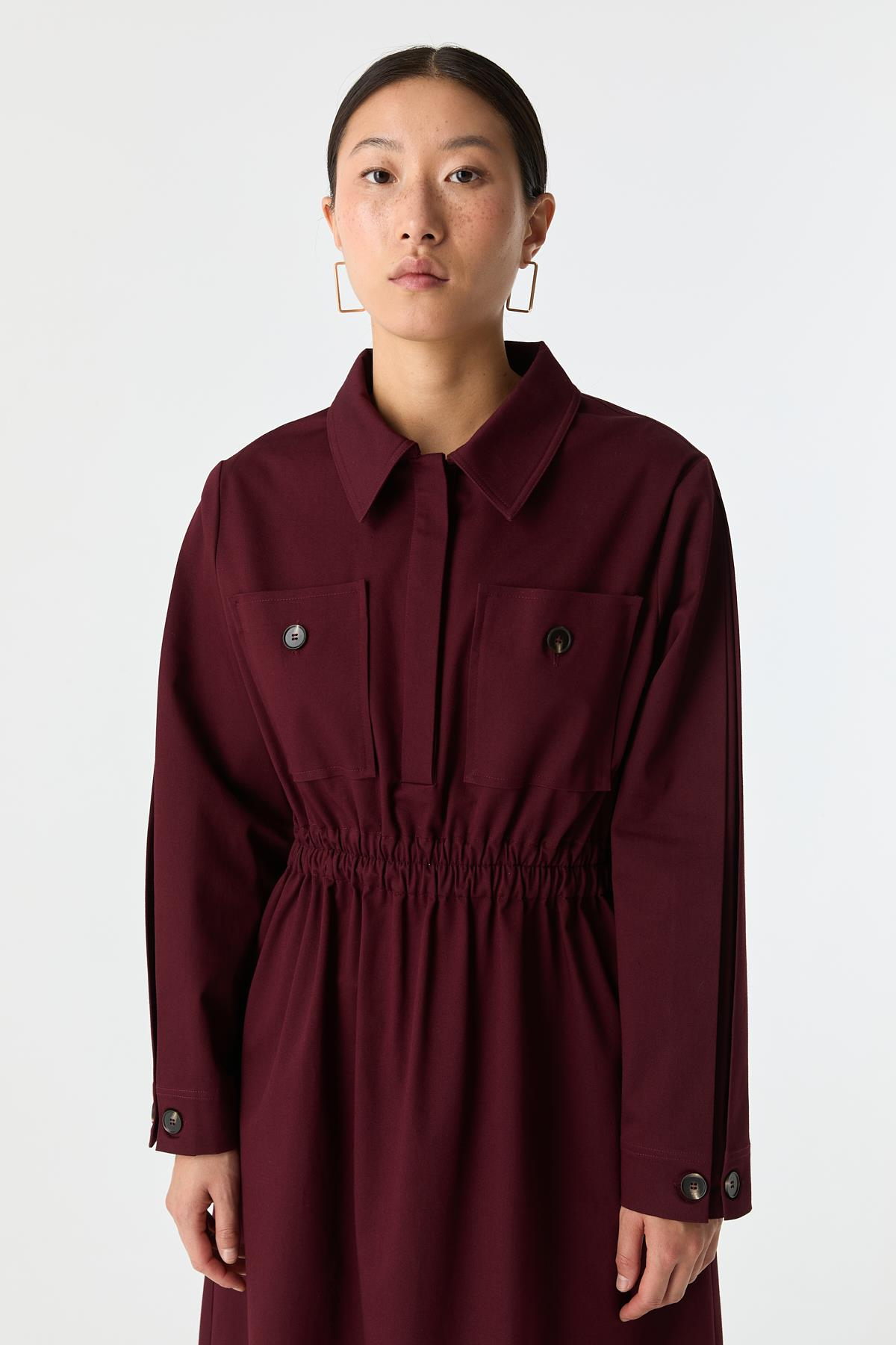 Cep Detaylı Elastik Belli Pamuk Elbise MÜRDÜM{KATEGORİ}