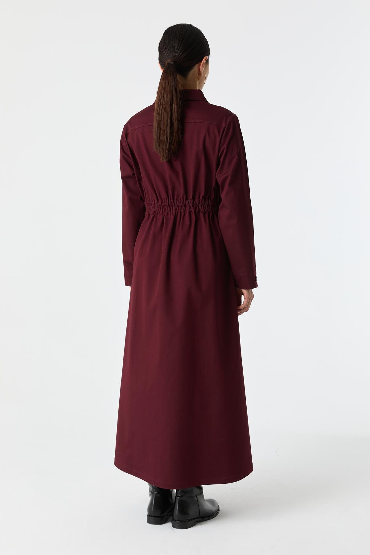 Cep Detaylı Elastik Belli Pamuk Elbise MÜRDÜM{KATEGORİ}