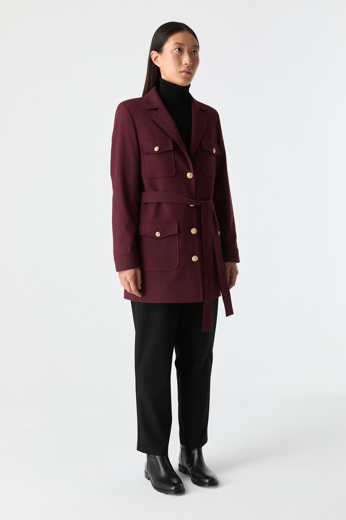 Cep Detaylı Kuşaklı Ceket MÜRDÜM{KATEGORİ}