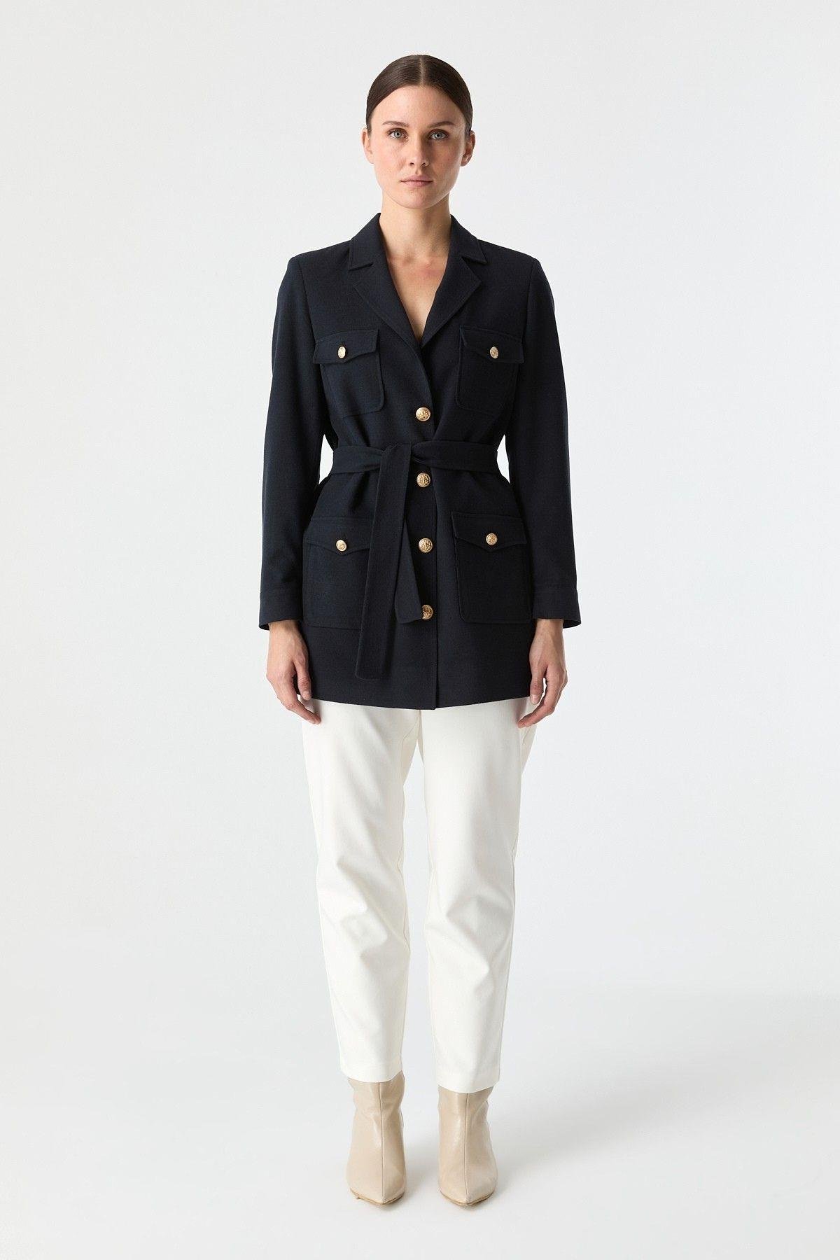 Cep Detaylı Kuşaklı Ceket LACİVERT{KATEGORİ}