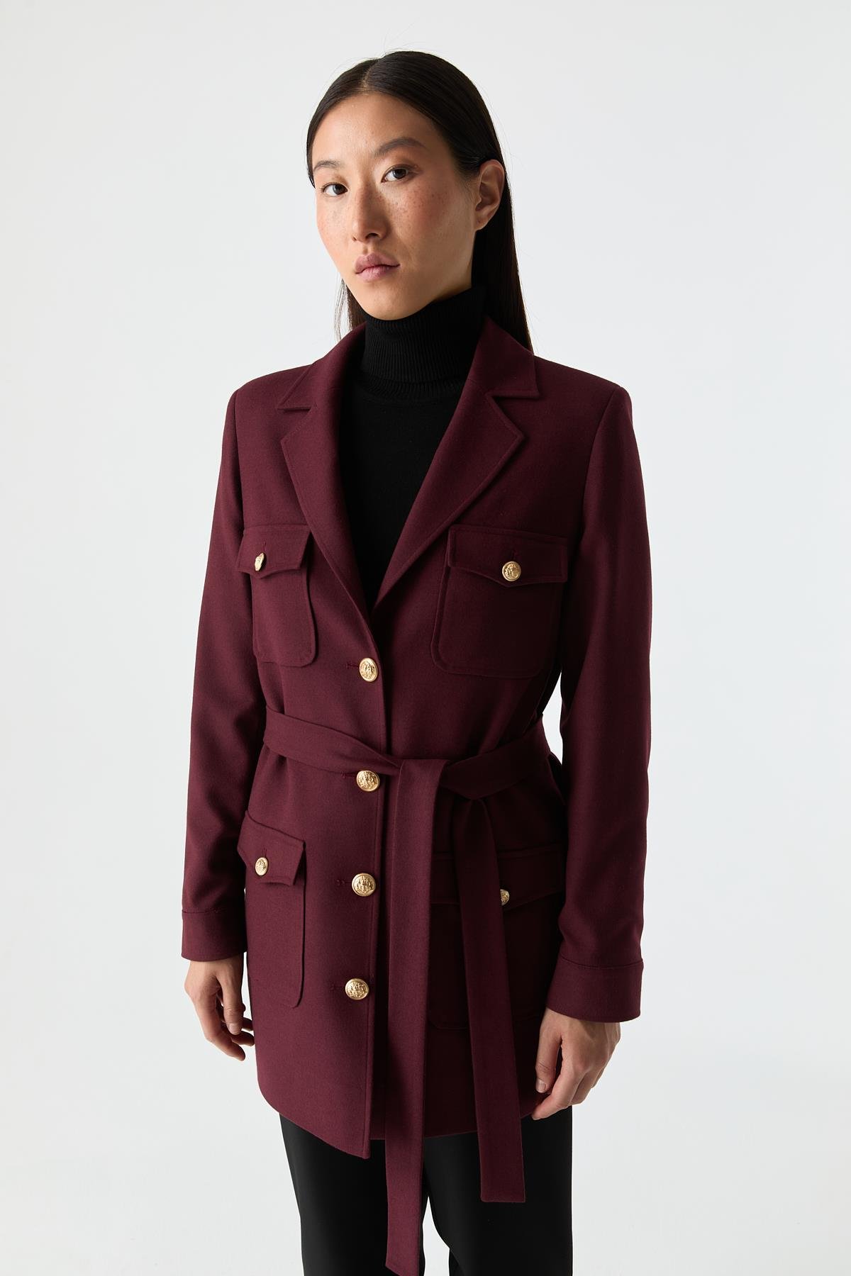 Cep Detaylı Kuşaklı Ceket MÜRDÜM{KATEGORİ}