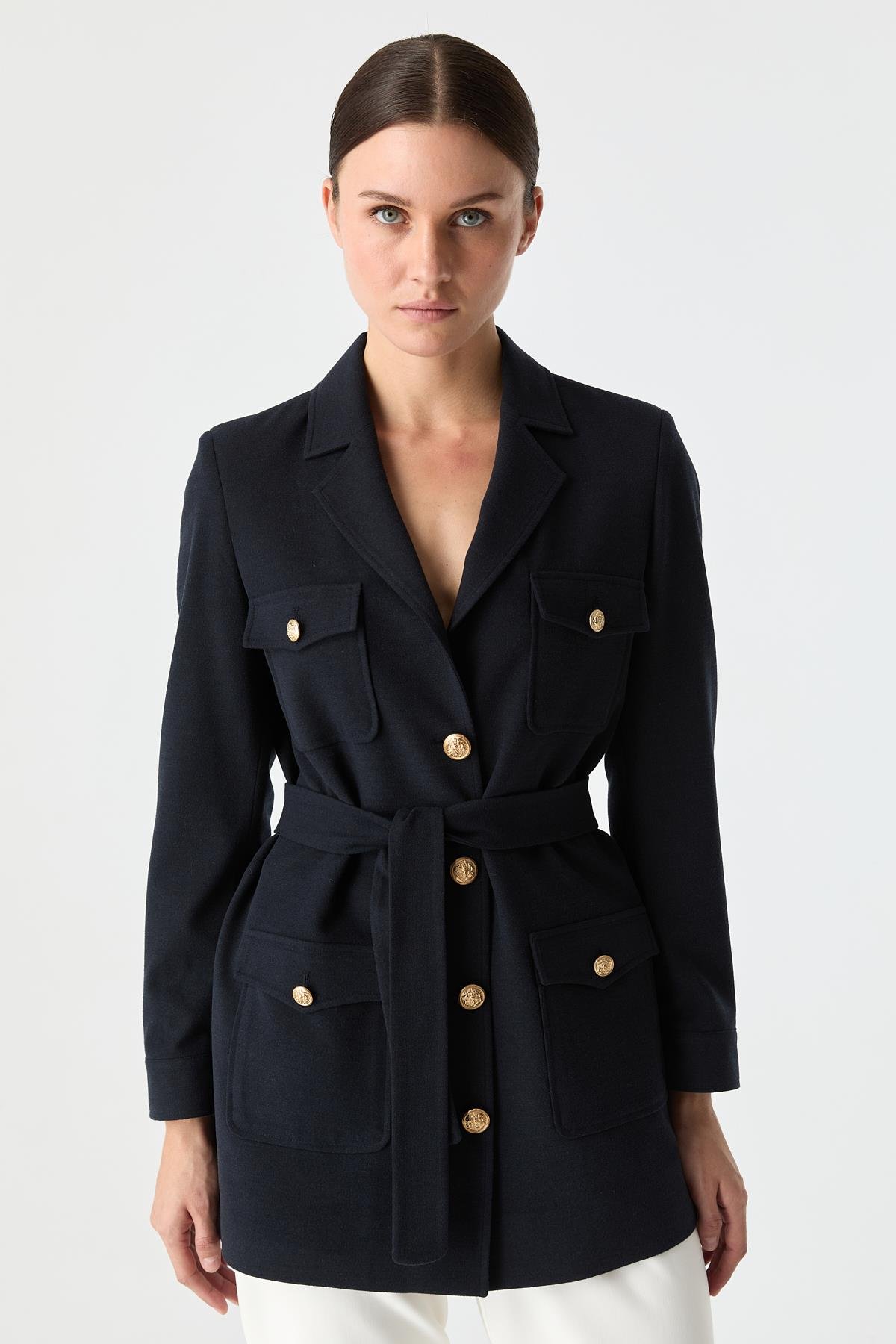 Cep Detaylı Kuşaklı Ceket LACİVERT{KATEGORİ}