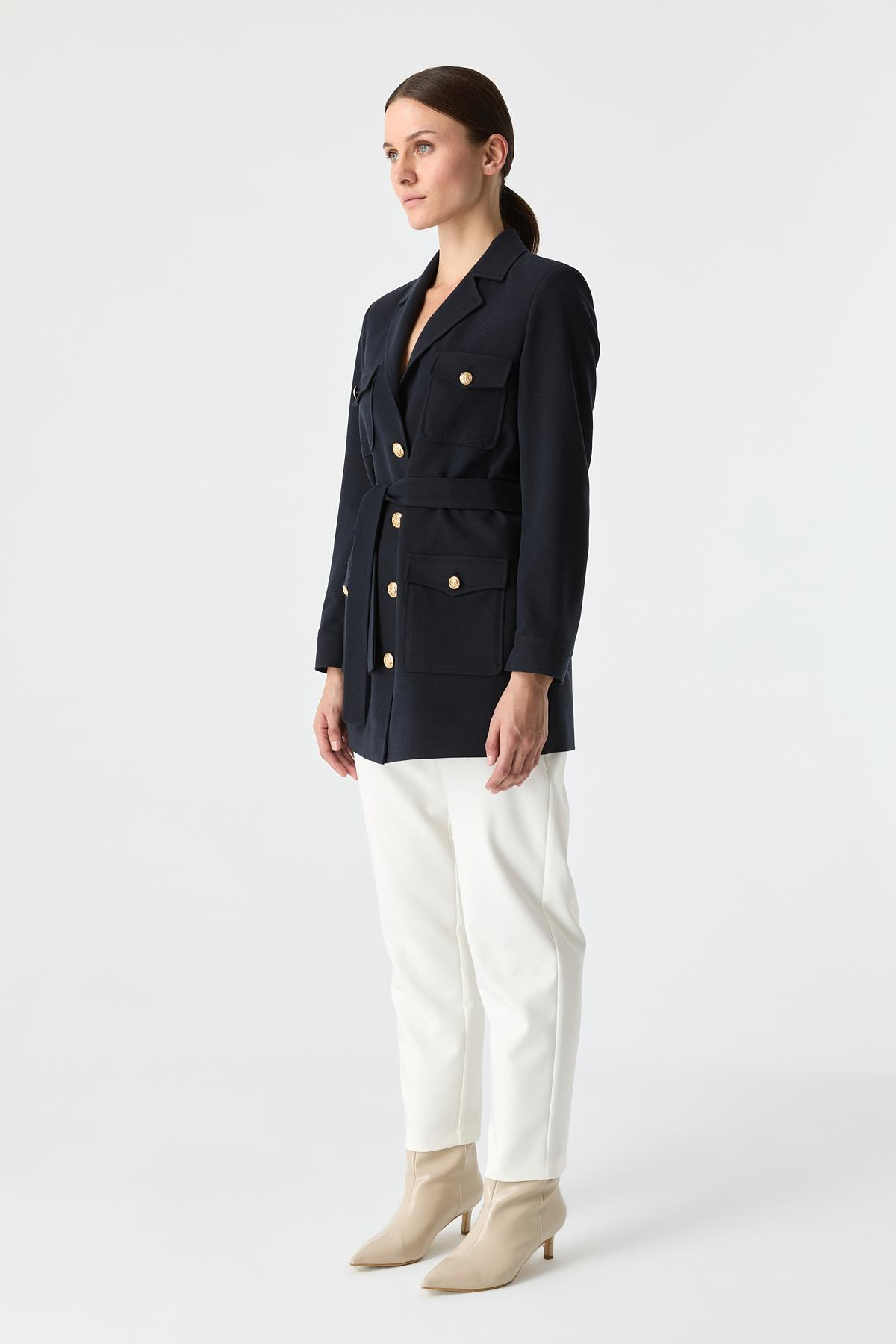 Cep Detaylı Kuşaklı Ceket LACİVERT{KATEGORİ}