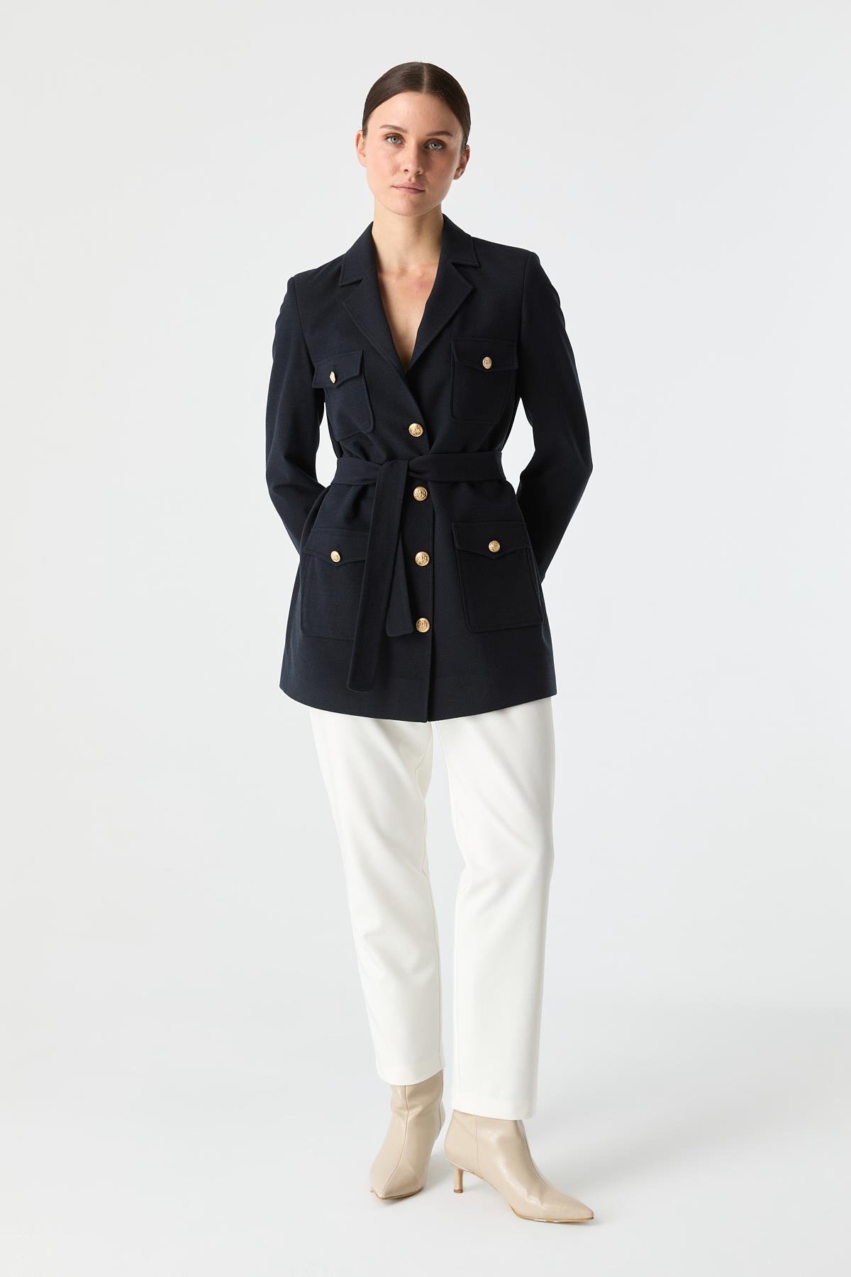 Cep Detaylı Kuşaklı Ceket LACİVERT{KATEGORİ}