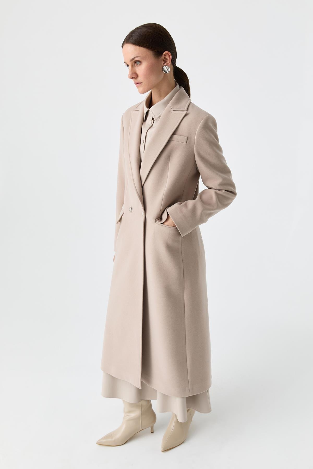 Cepli Düz Kesim Palto BEJ{KATEGORİ}