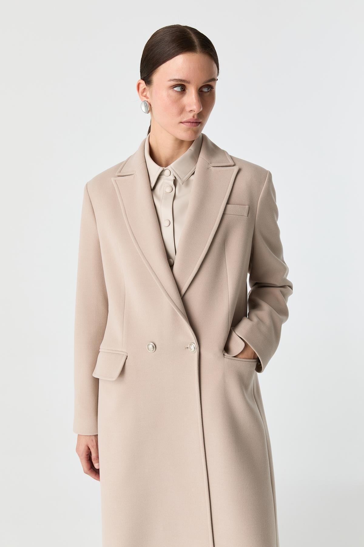 Cepli Düz Kesim Palto BEJ{KATEGORİ}