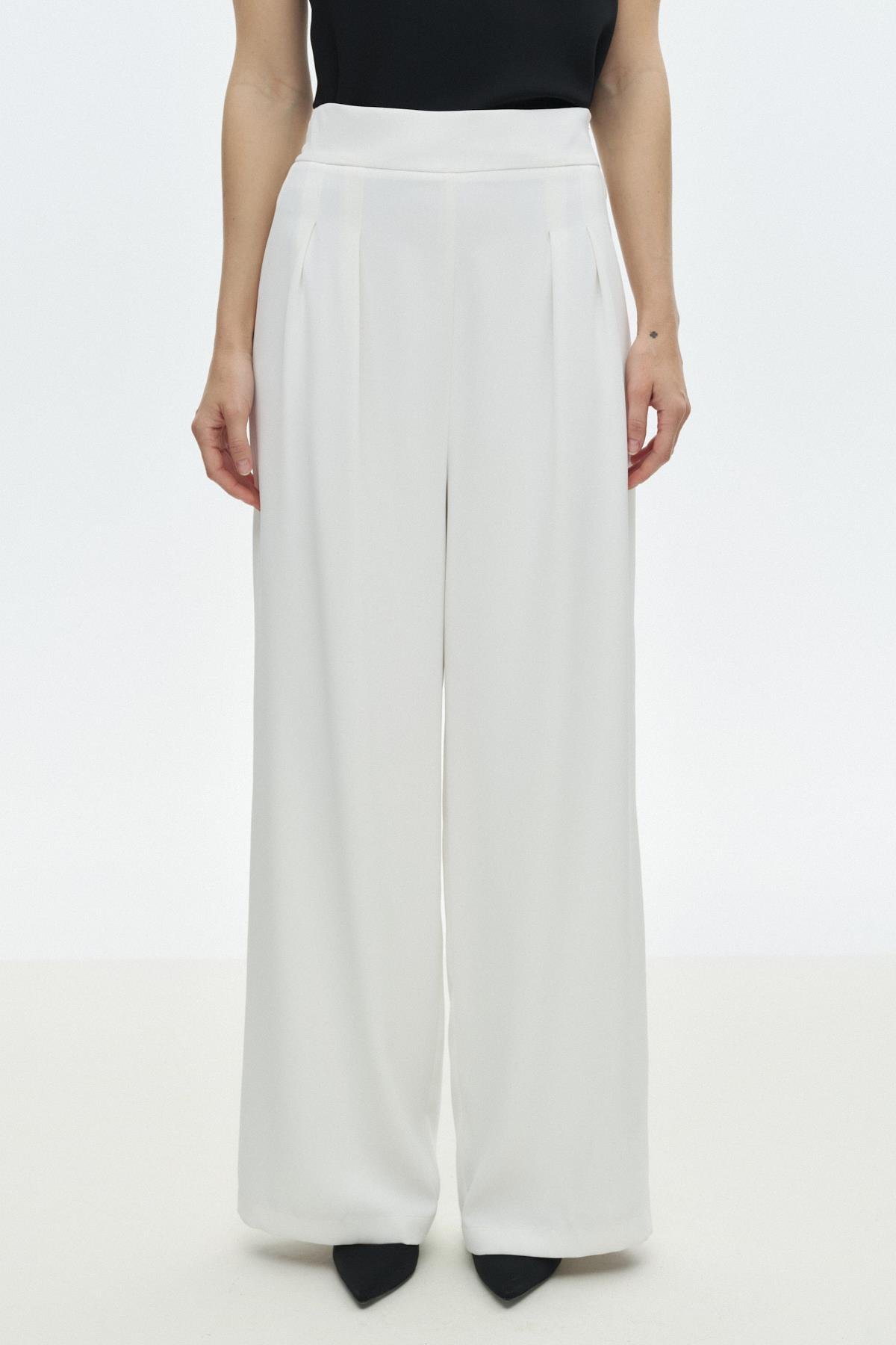 Çift Pilili Dökümlü Pantolon BEYAZ{KATEGORİ}