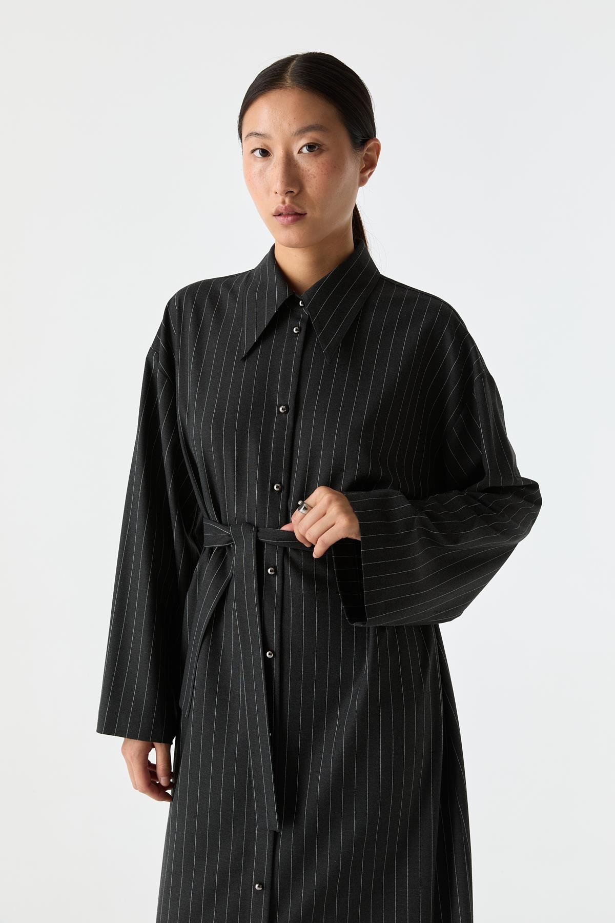 Çizgili Gömlek Elbise KOYU GRİ{KATEGORİ}