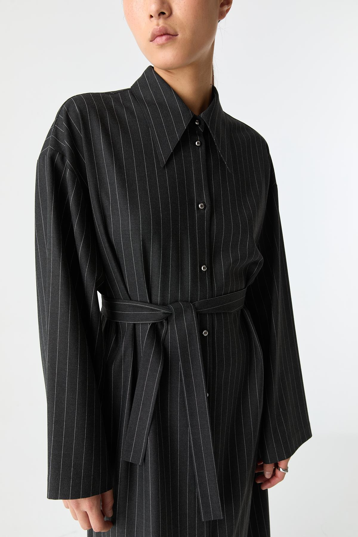 Çizgili Gömlek Elbise KOYU GRİ{KATEGORİ}