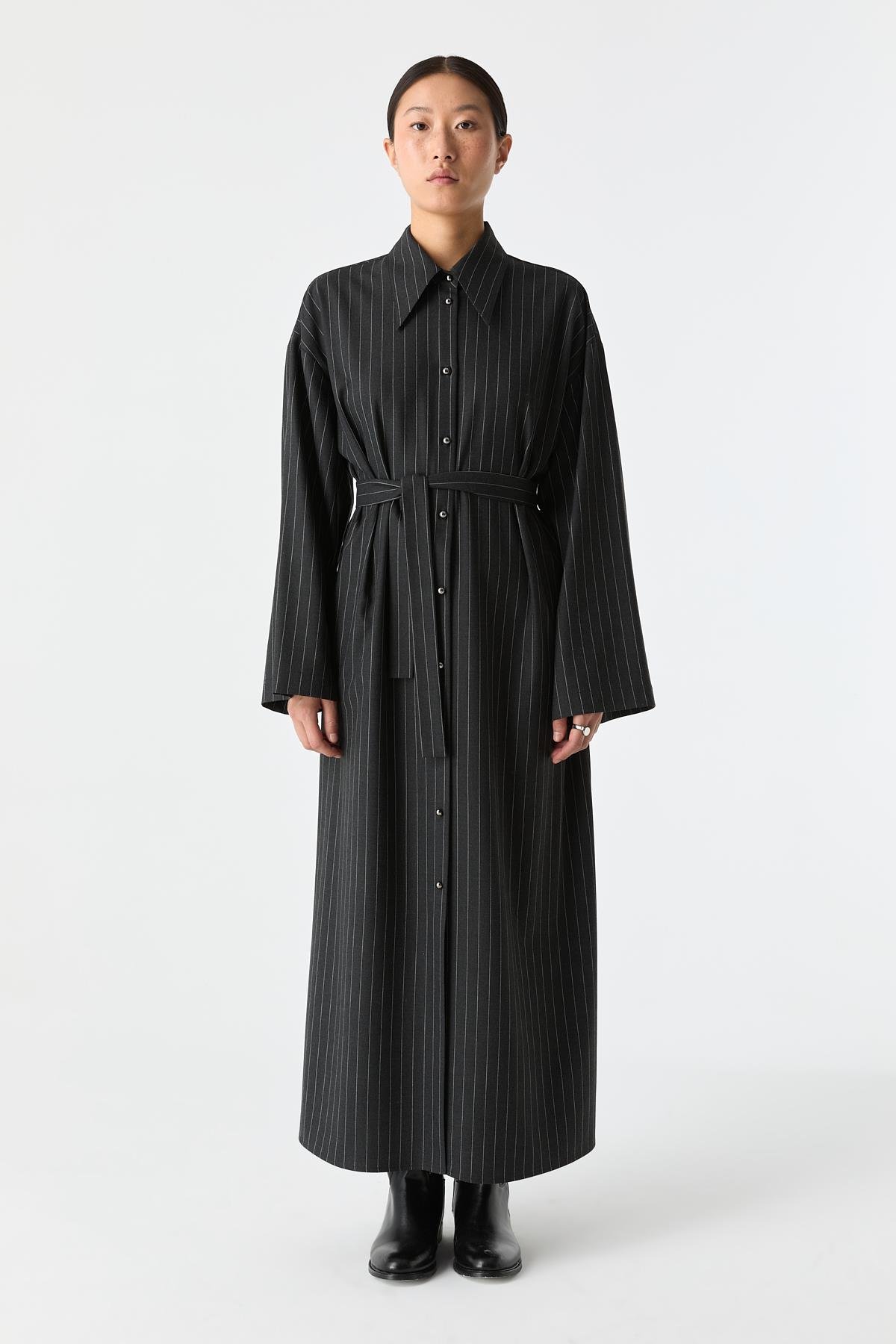 Çizgili Gömlek Elbise KOYU GRİ{KATEGORİ}