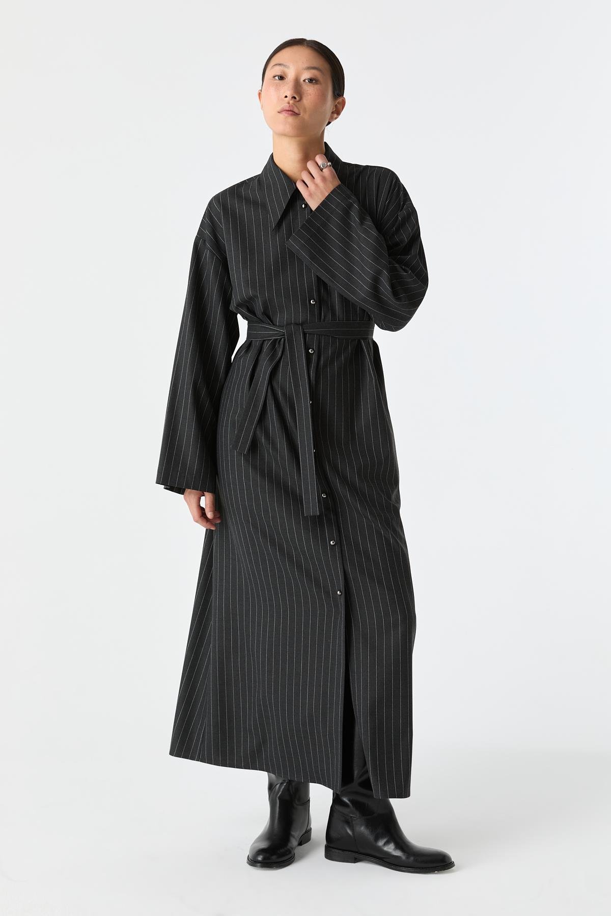 Çizgili Gömlek Elbise KOYU GRİ{KATEGORİ}