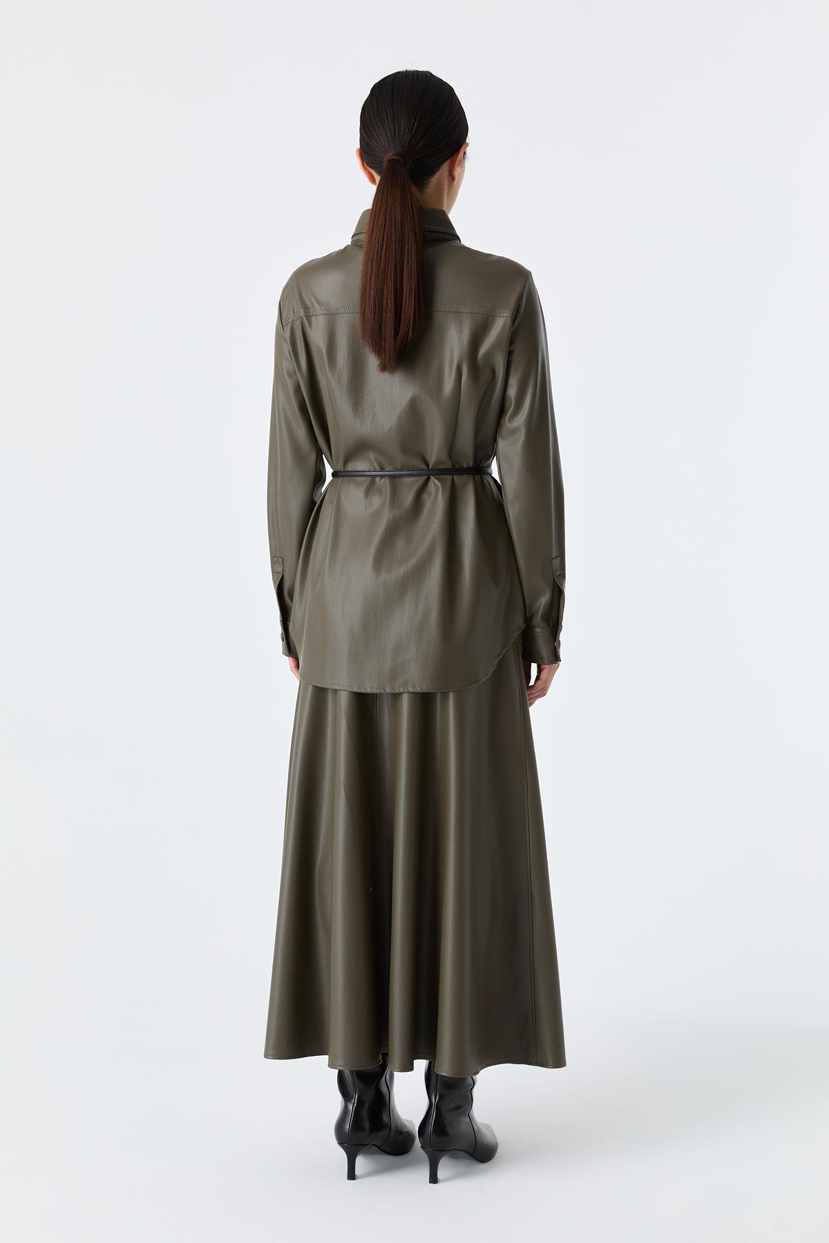 Deri Dokulu Düz Kesim Gömlek HAKİ{KATEGORİ}