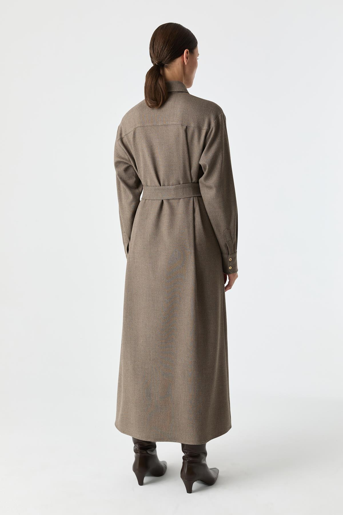 Dokulu Gömlek Elbise BRONZ BEJ{KATEGORİ}