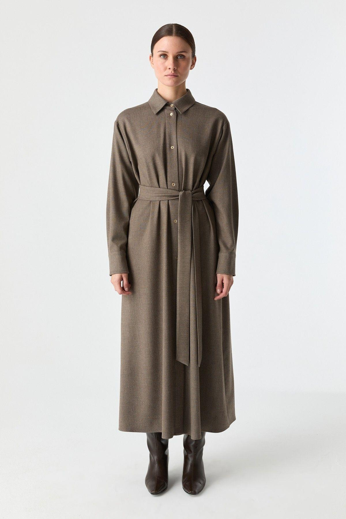 Dokulu Gömlek Elbise BRONZ BEJ{KATEGORİ}