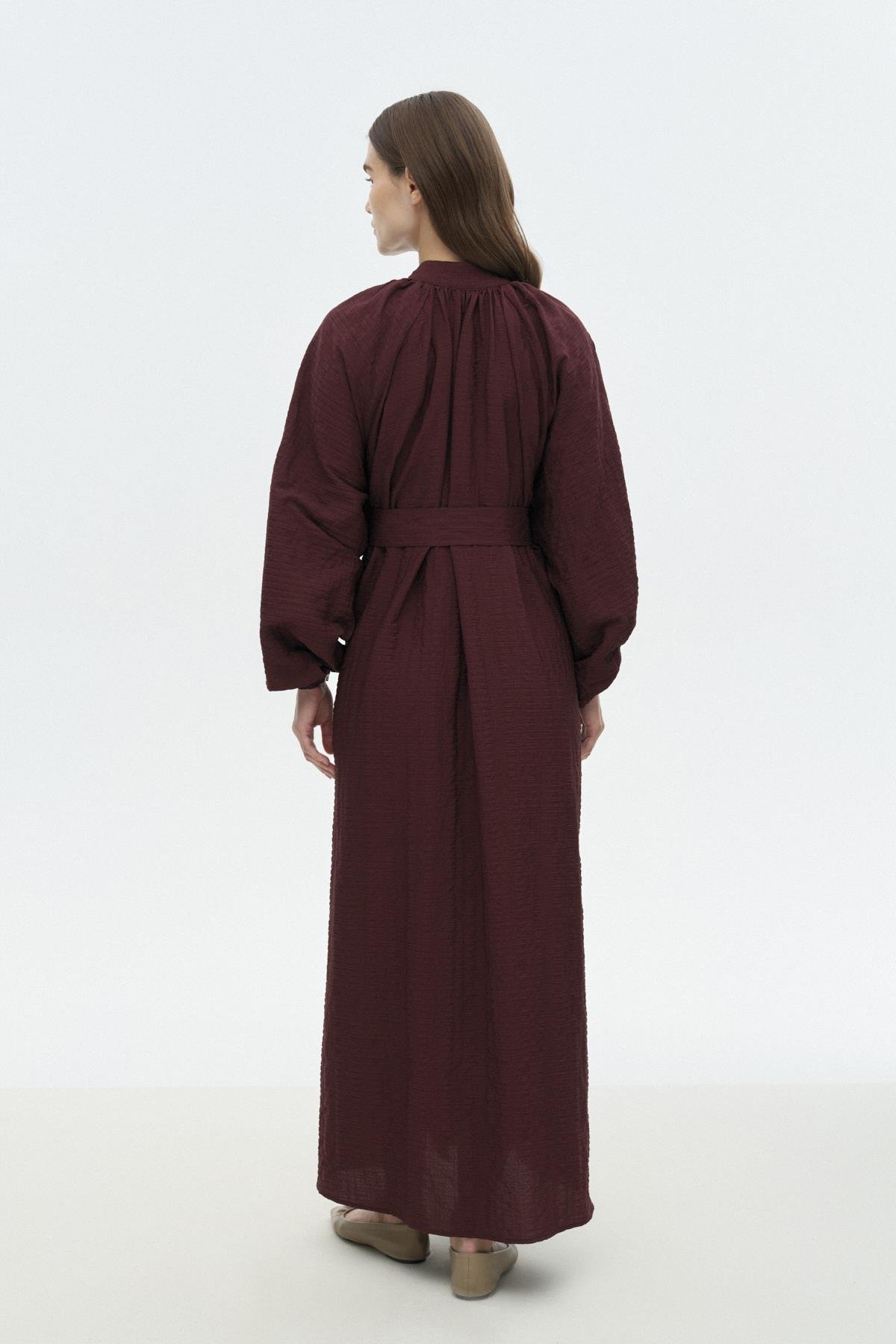 Dökümlü Gofre Elbise MÜRDÜM{KATEGORİ}