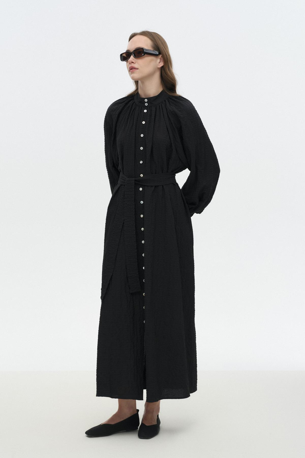 Dökümlü Gofre Elbise SİYAH{KATEGORİ}