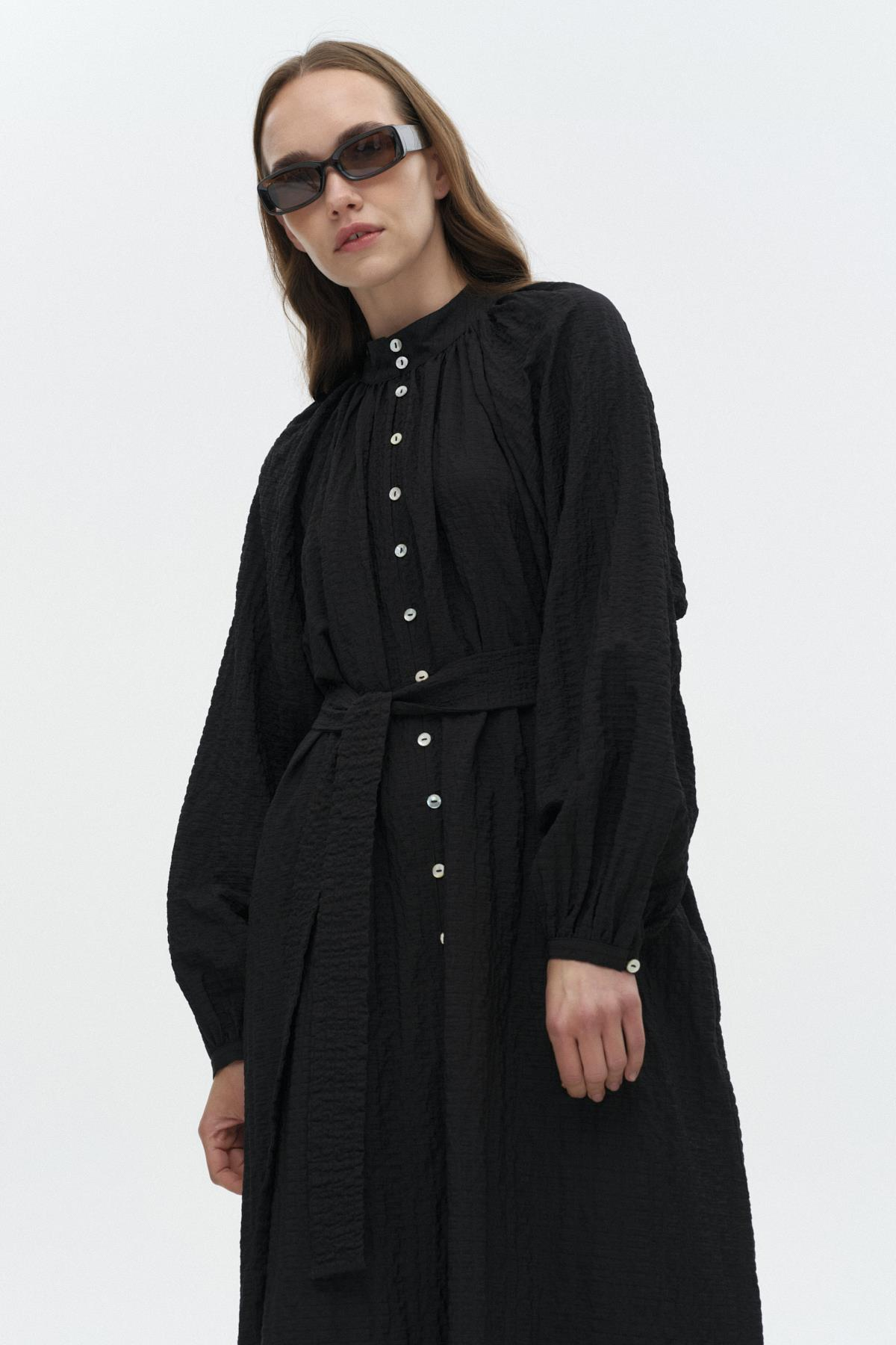 Dökümlü Gofre Elbise SİYAH{KATEGORİ}