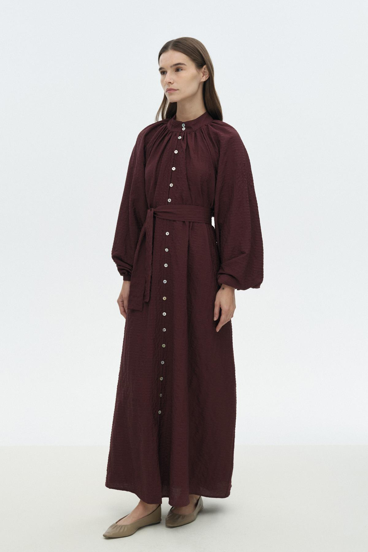 Dökümlü Gofre Elbise MÜRDÜM{KATEGORİ}