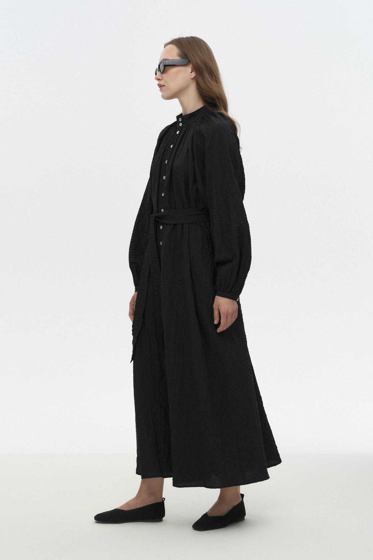 Dökümlü Gofre Elbise SİYAH{KATEGORİ}