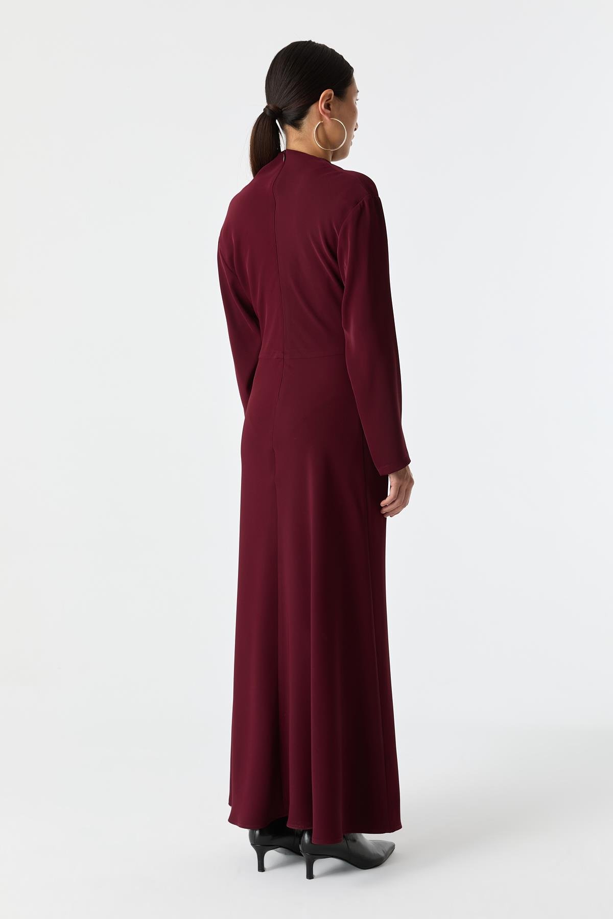 Drape Detaylı Evaze Elbise BORDO{KATEGORİ}