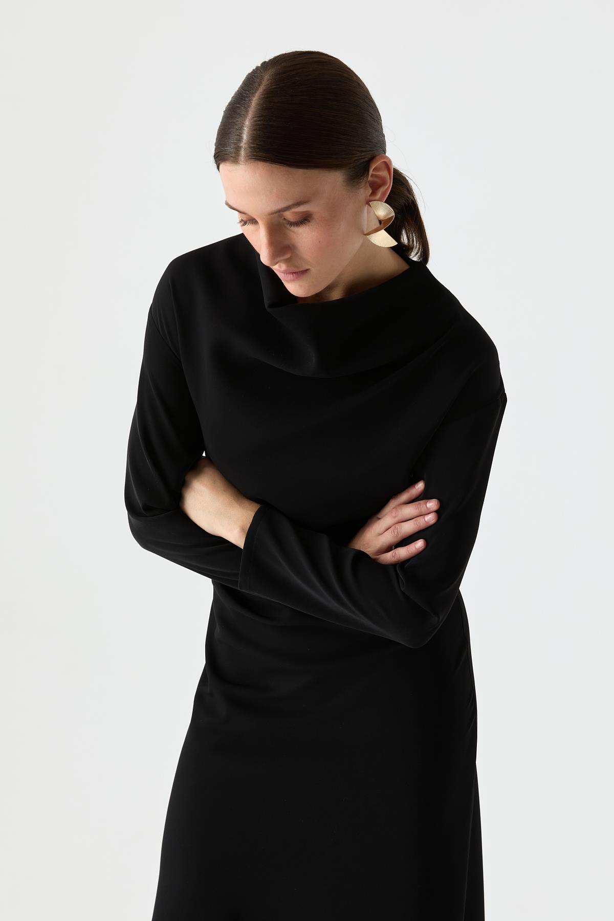 Drape Detaylı Evaze Elbise SİYAH{KATEGORİ}