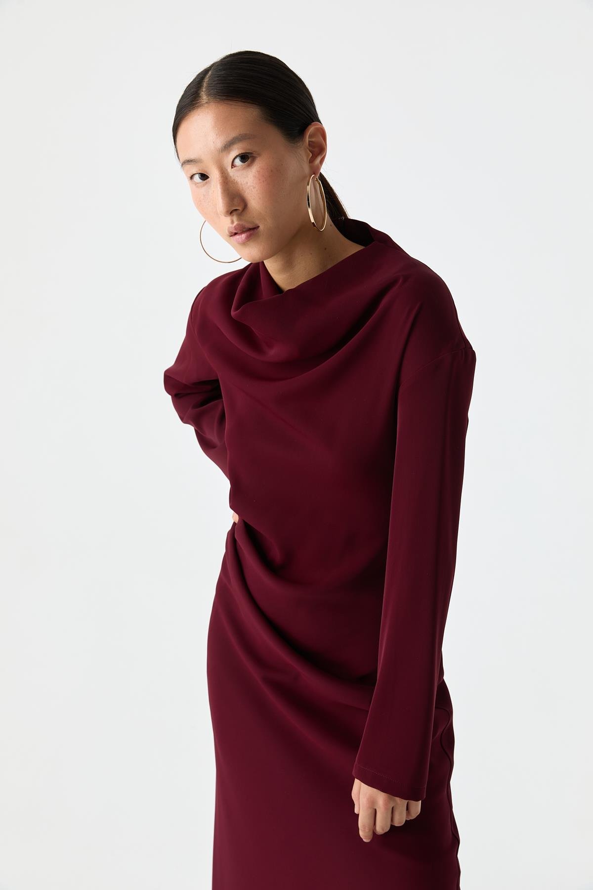 Drape Detaylı Evaze Elbise BORDO{KATEGORİ}