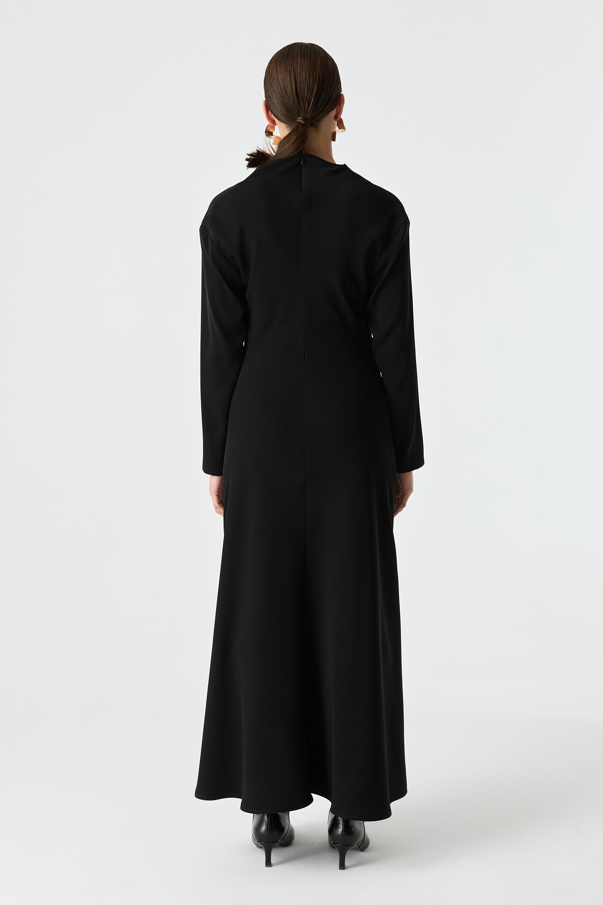 Drape Detaylı Evaze Elbise SİYAH{KATEGORİ}