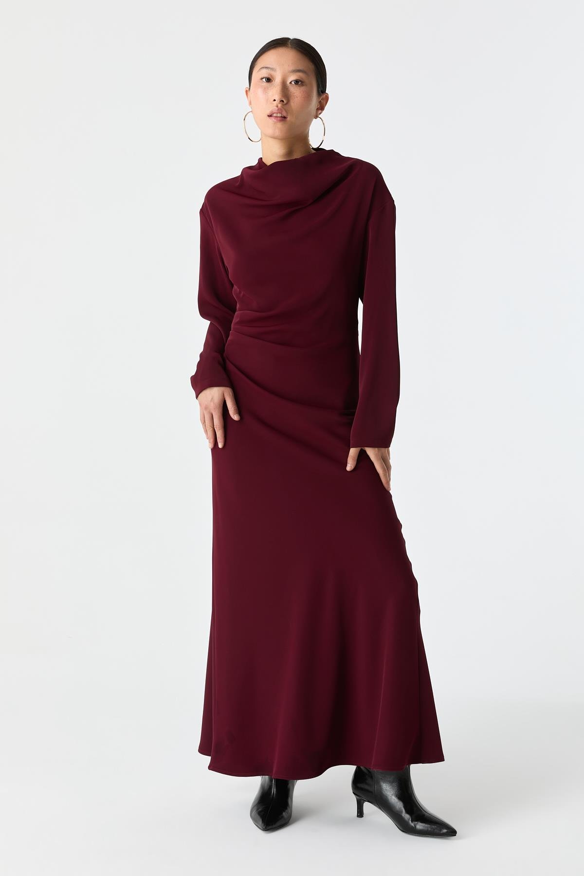Drape Detaylı Evaze Elbise BORDO{KATEGORİ}